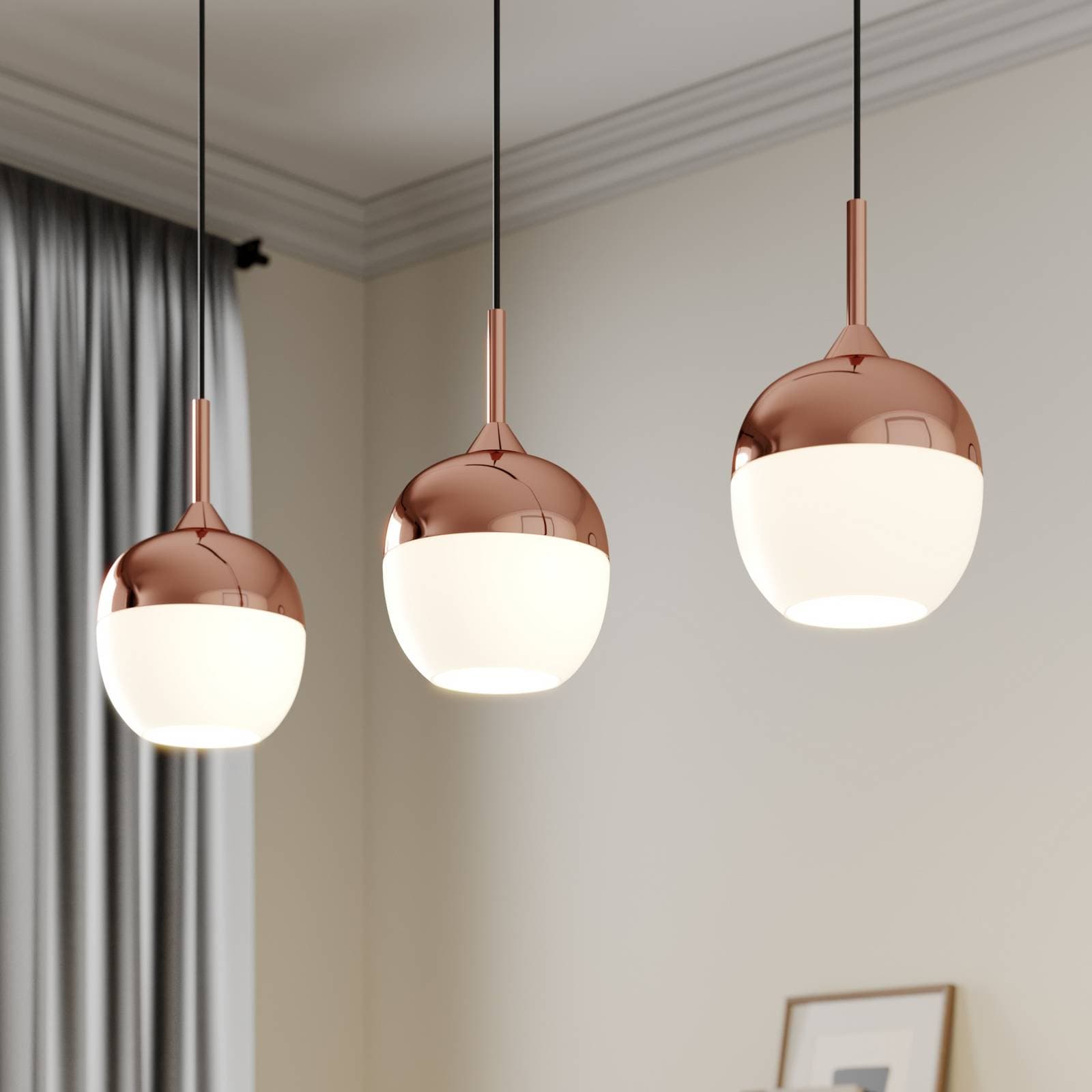 Závesné svietidlo Lindby Rangina, 100 cm, meď, 3 svetlá, sklo