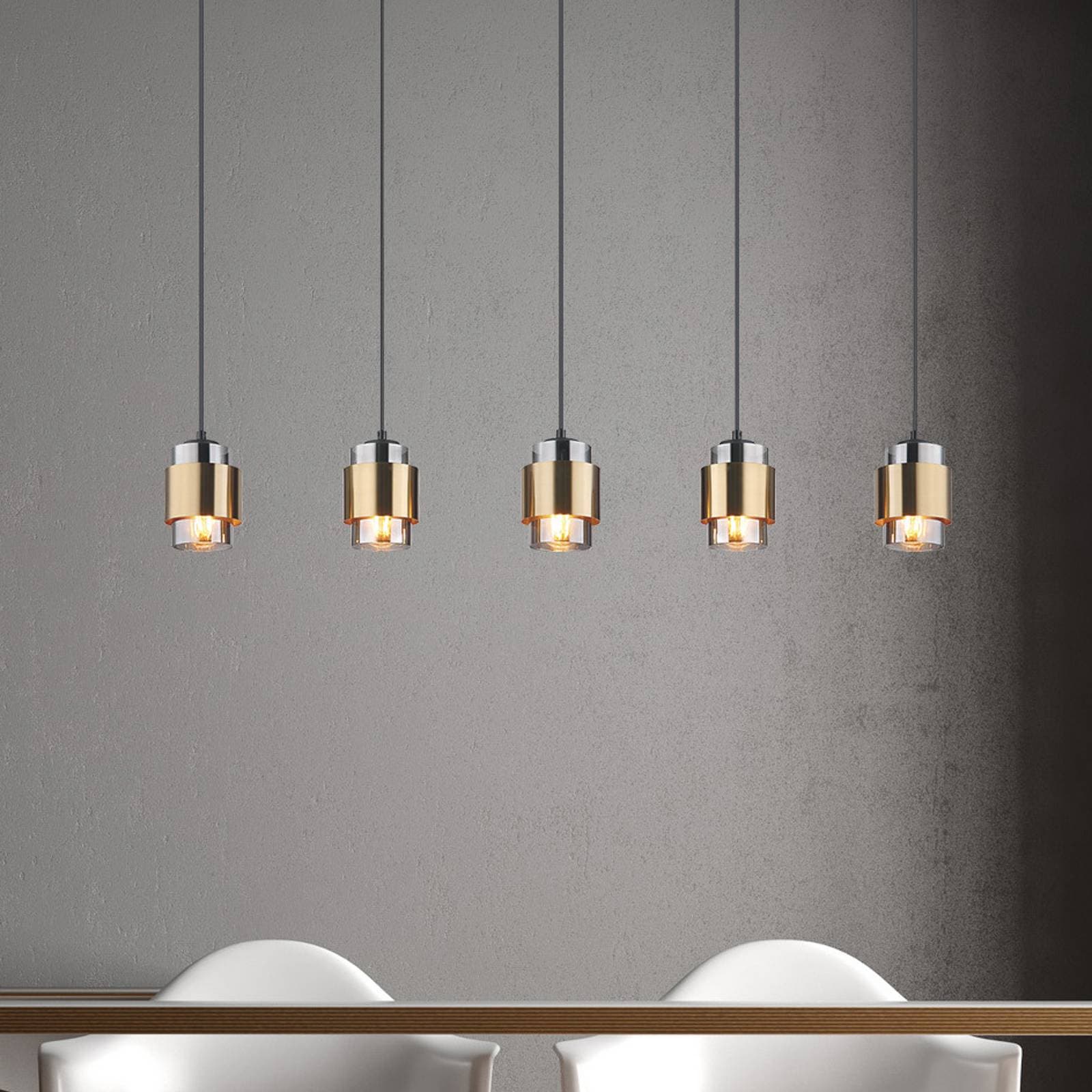 Závesná lampa Milley, dĺžka 105 cm, mosadzná farba, 5 svetiel.