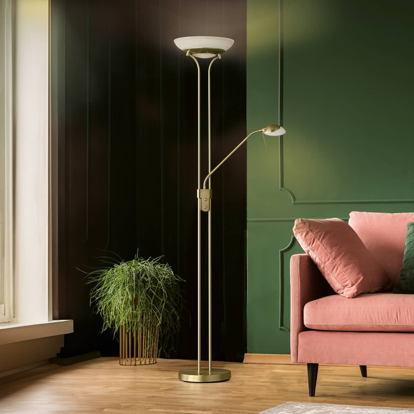 LED stojacia lampa Pool, mosadzná farba, výška 182 cm, 2 svetlá.