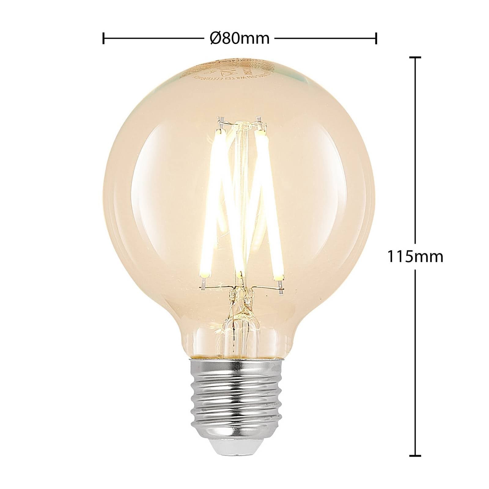 LED žiarovka G80 E27, 8 W, 2 700 K, vlákno, číra, stmievateľná