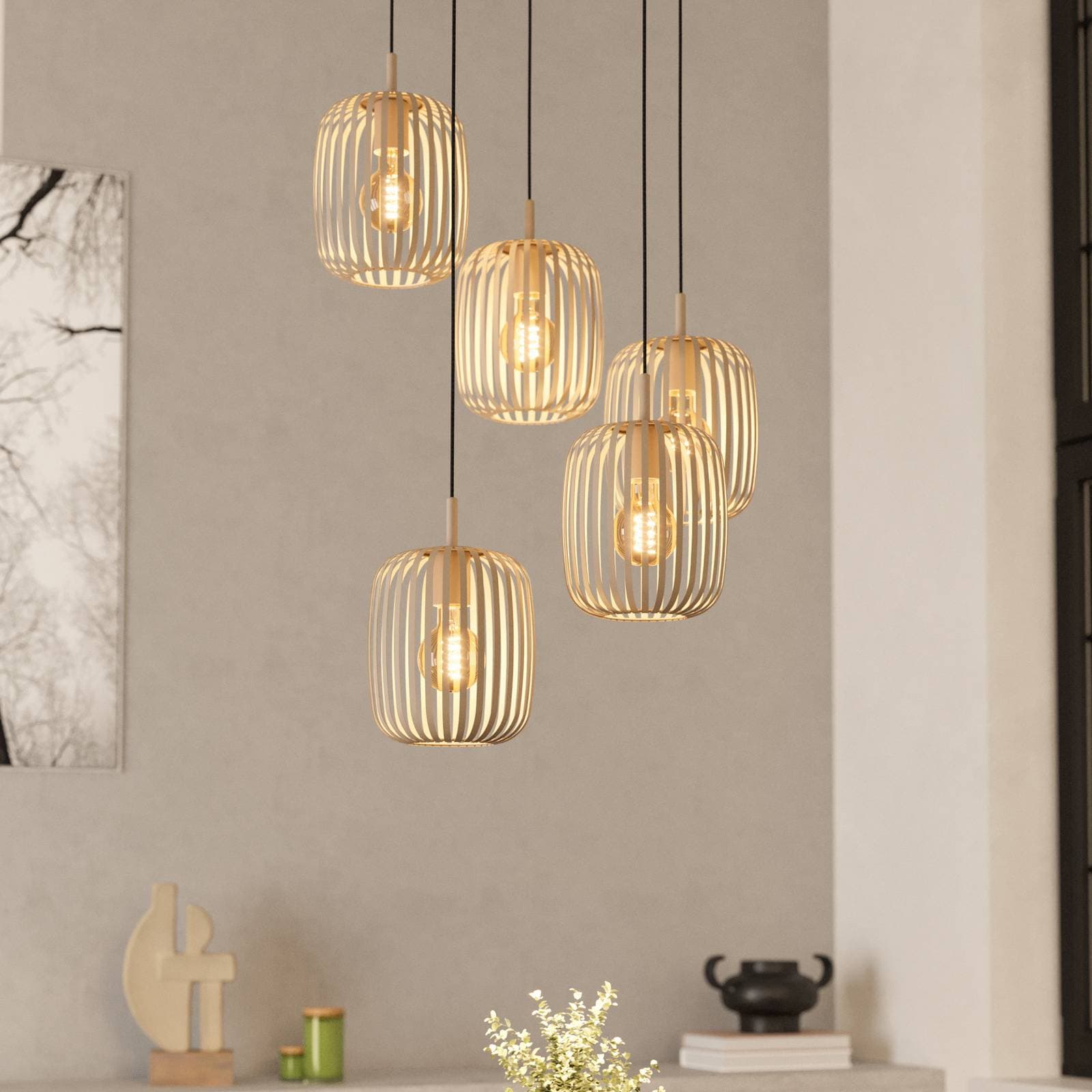 Závesná lampa Romazzina, piesková farba, oceľ, Ø 50 cm, 5 svetiel.