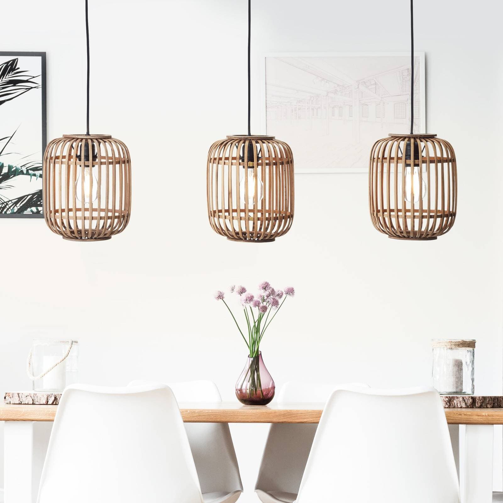 Závesná lampa Woodrow, dĺžka 105 cm, svetlé drevo, 3 svetlá, bambus