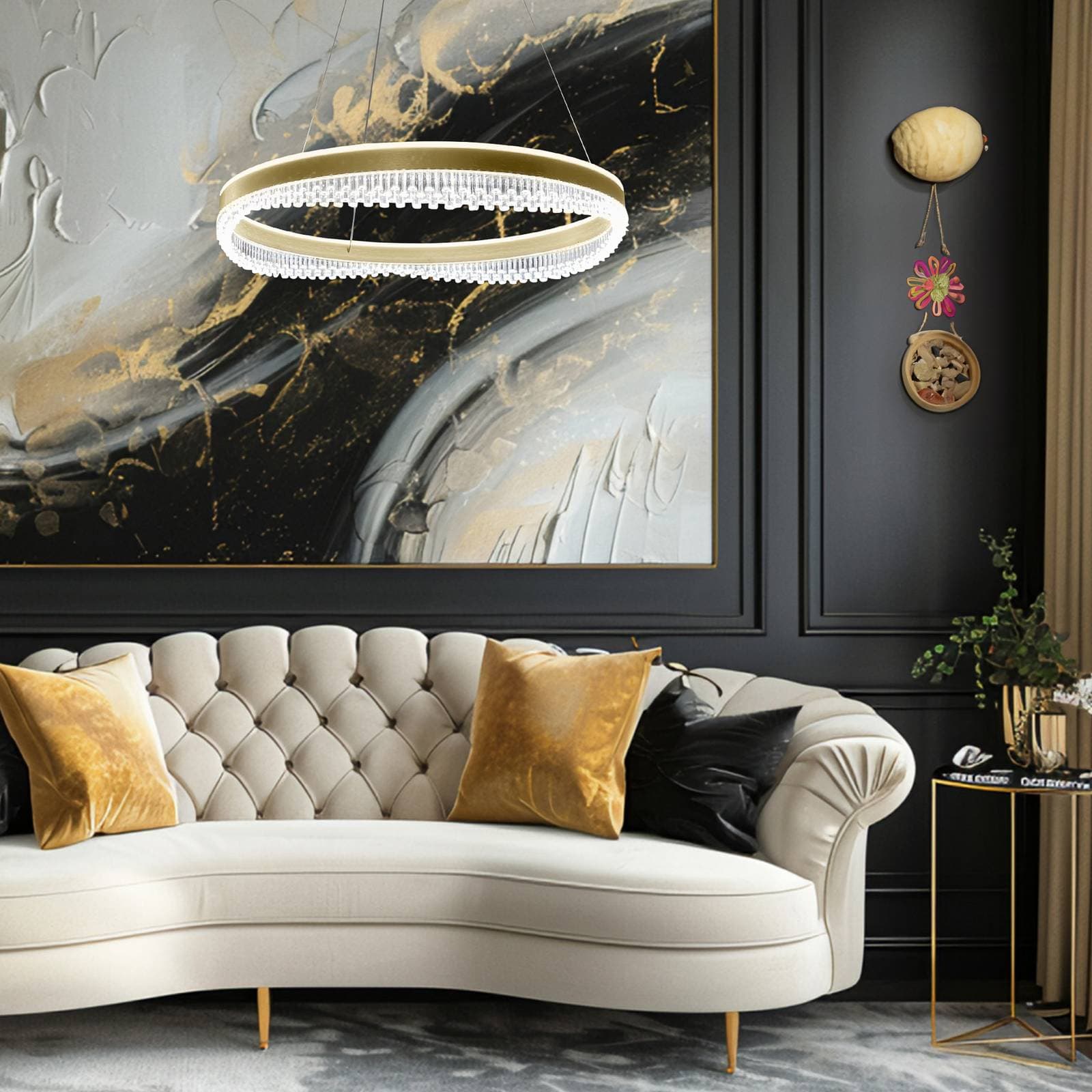 LED závesné svietidlo Preciosa, zlatá/krištáľová, akryl, Ø 60 cm
