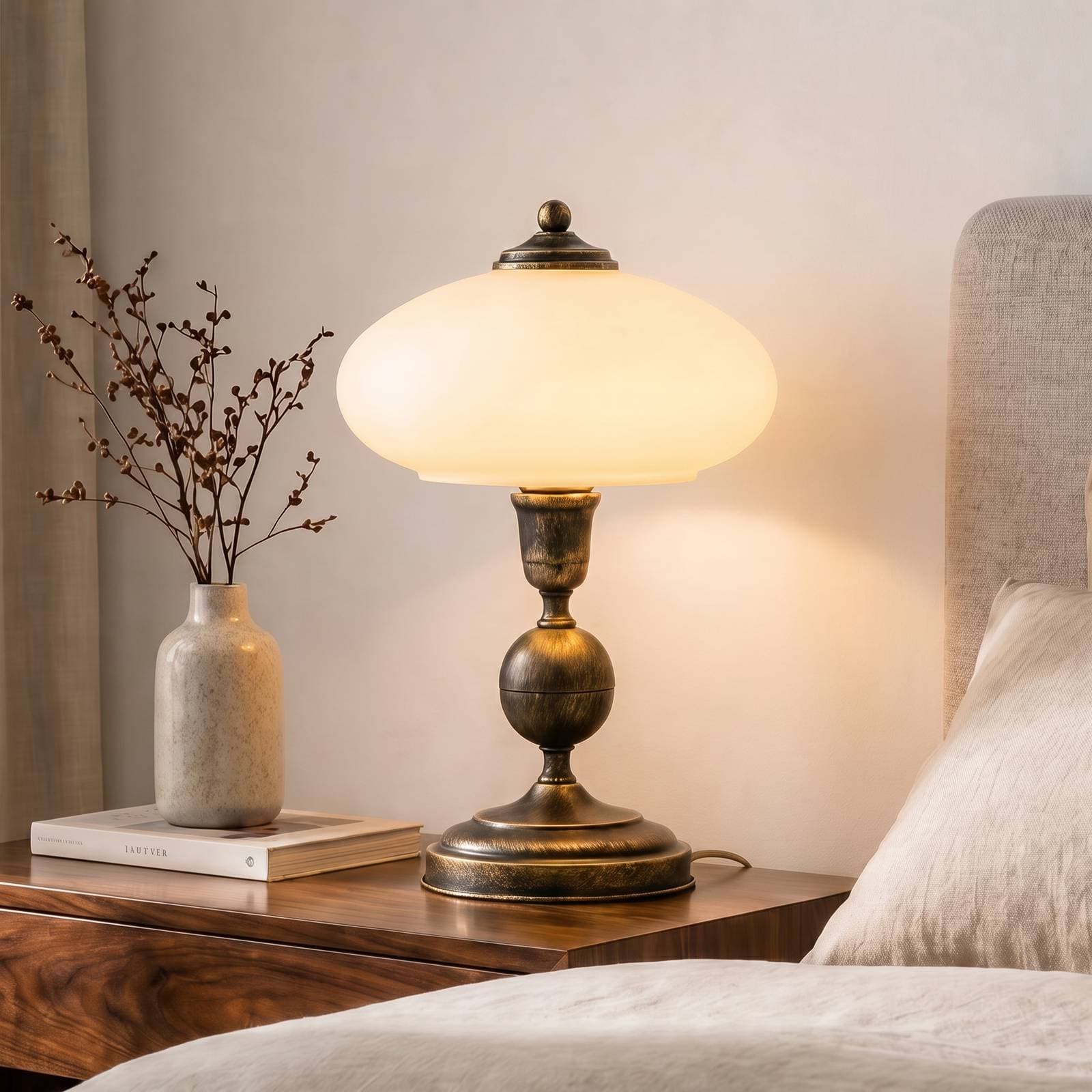 Stolová lampa Bolero, čierno-zlatá, krémová, oceľ, sklo, E14