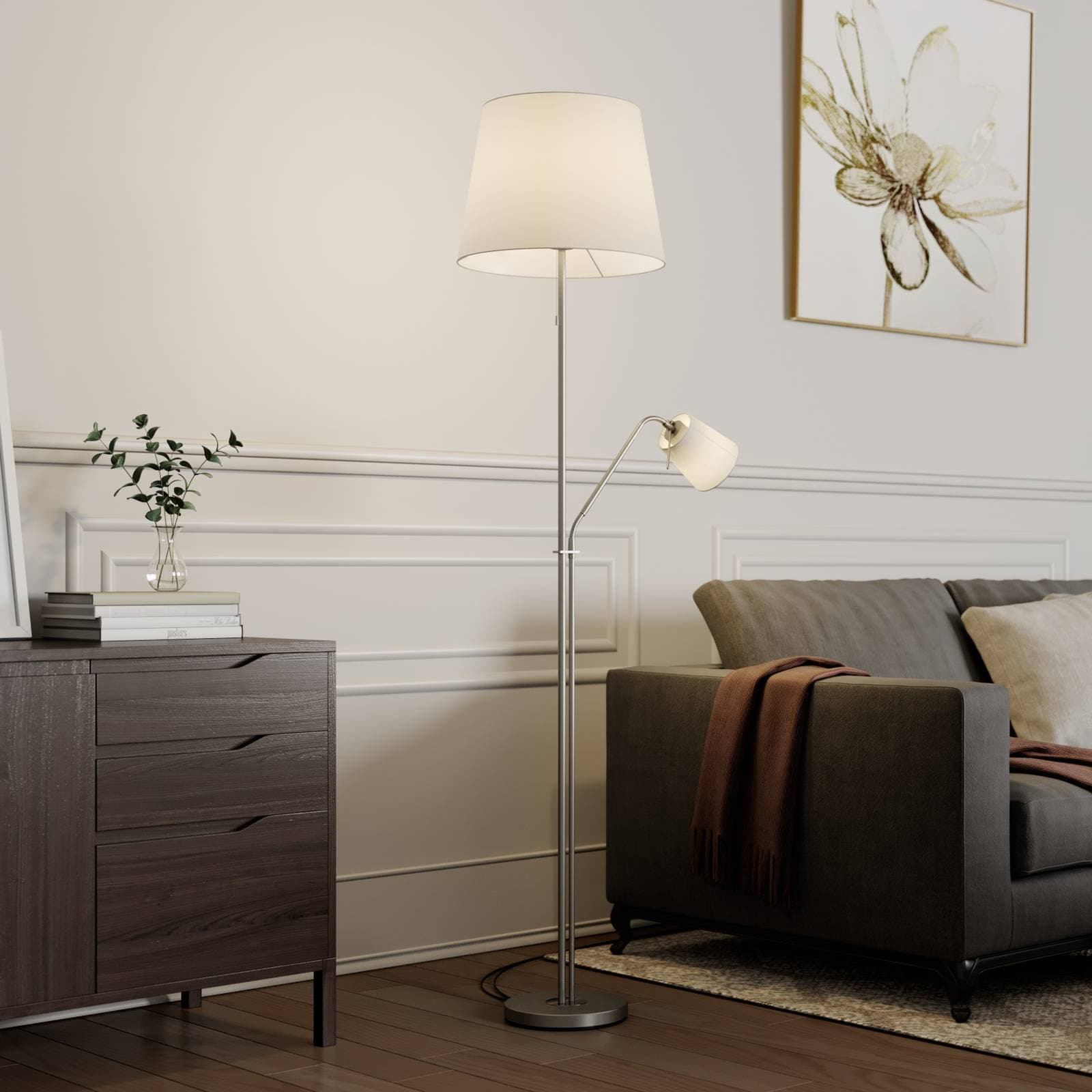 Stojacia lampa Lindby Nantwin, 175 cm, biela, nikel, textil