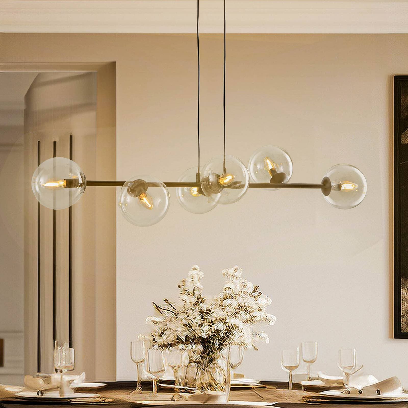 Závesné svietidlo Glassy, 6-pl., čierne, číre, sklo, 110 cm