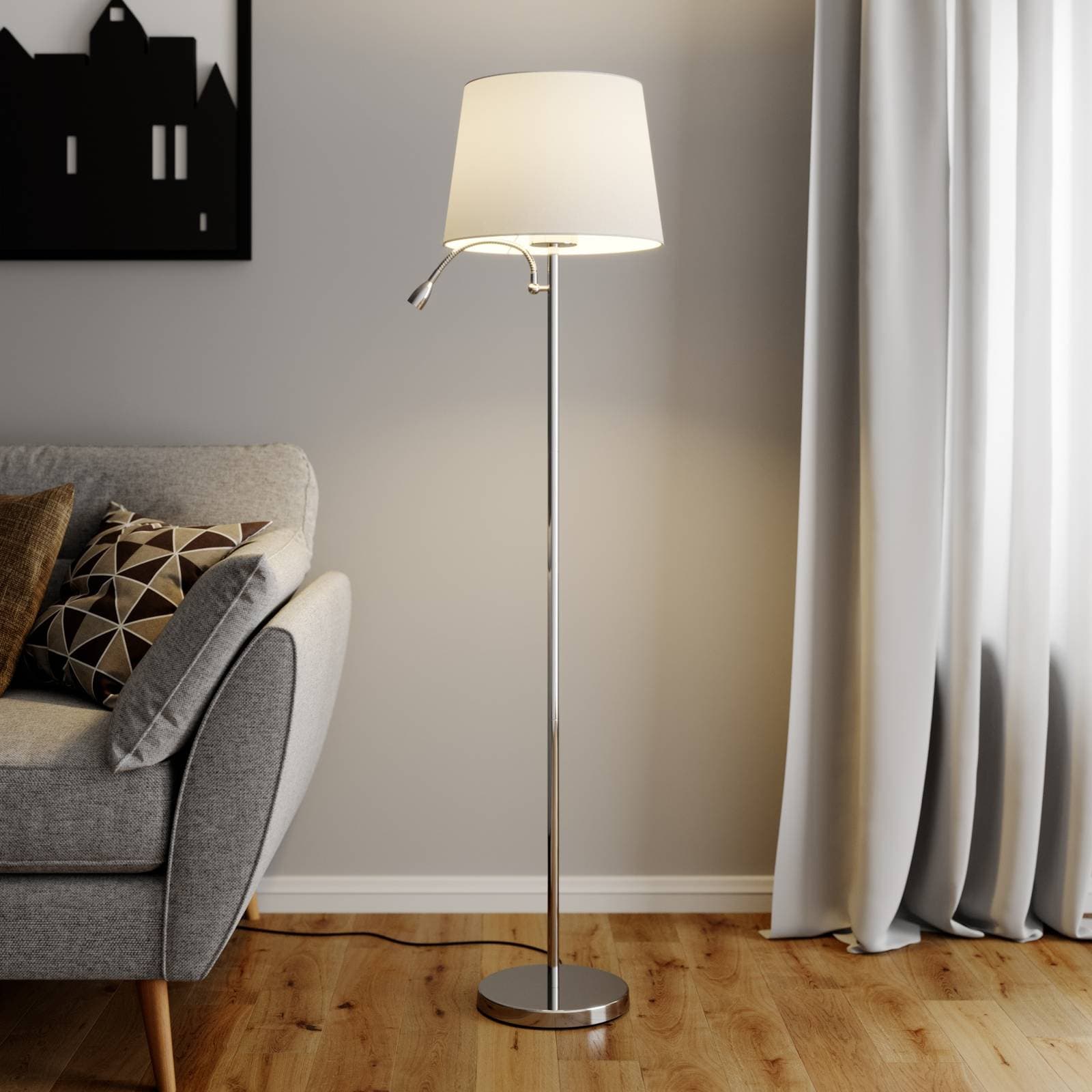 Stojacia lampa Lindby Benjiro, biela, textil, svetlo na čítanie, 150 cm