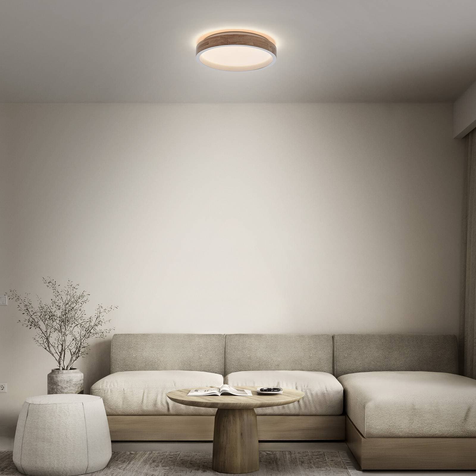 Stropné LED svetlo OSRAM ORBIS MARIANO, drevo/biela, Ø 51 cm, stmievateľné