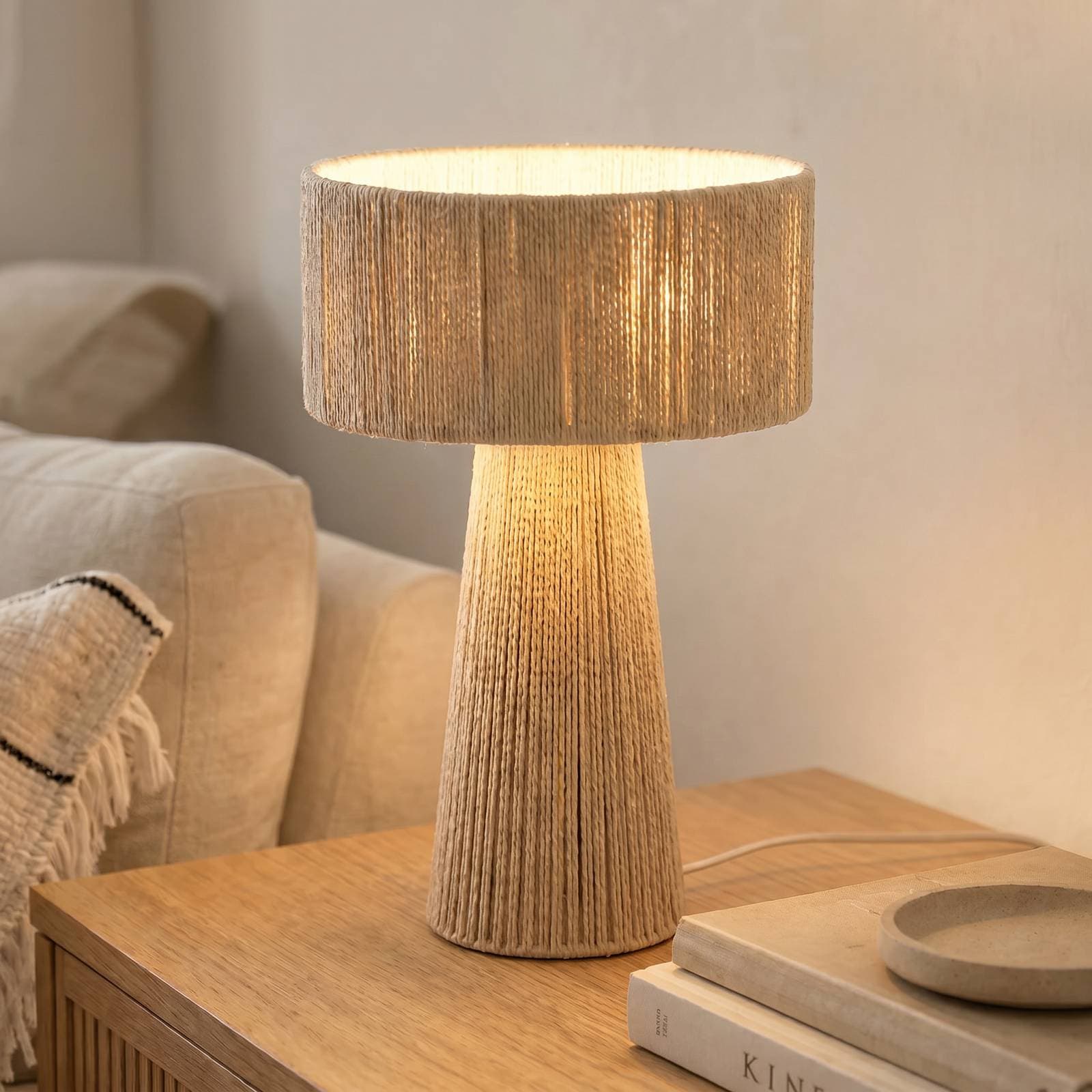 Stolová lampa Lindby Anuva, výška 42 cm, papier, béžová, E27