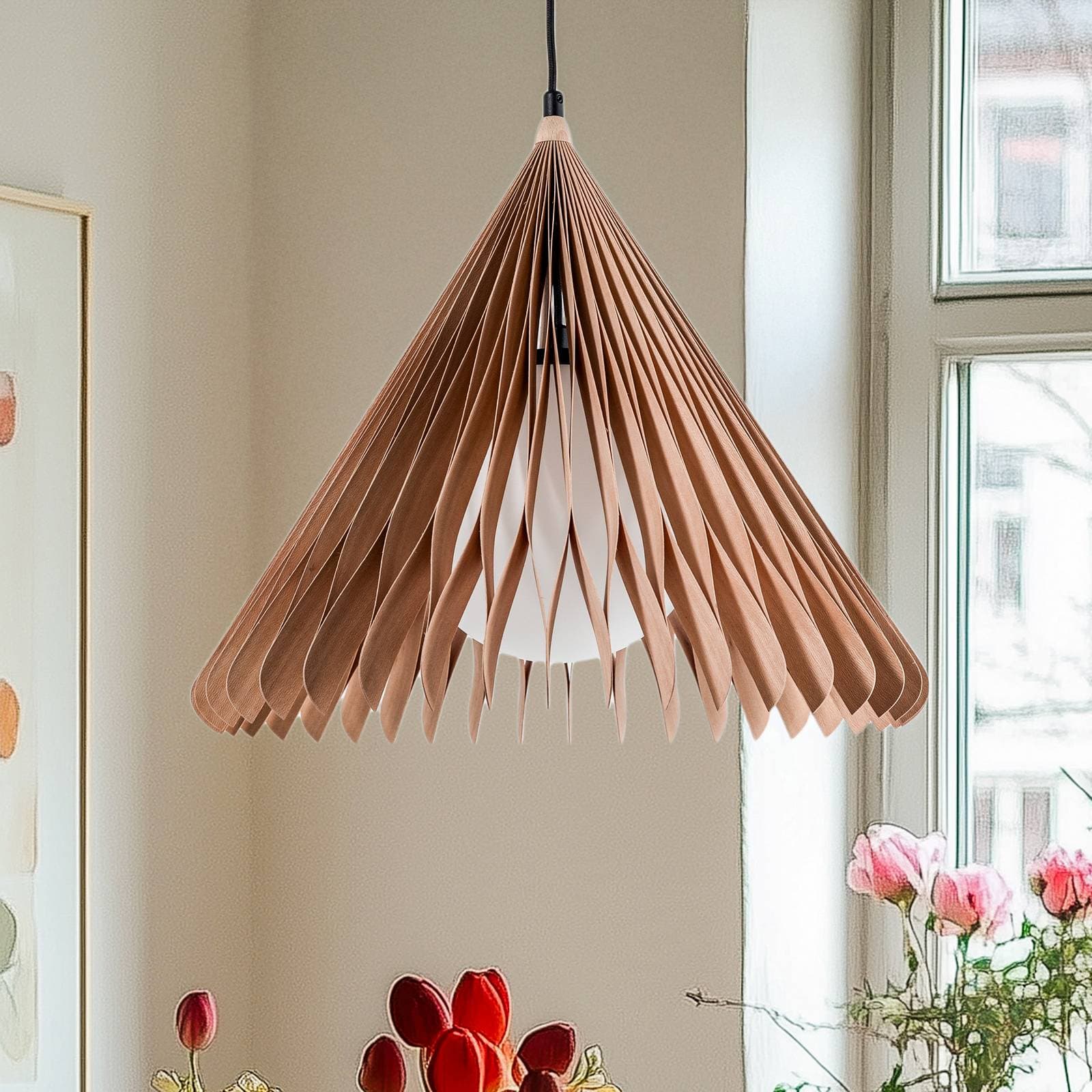 Závesné svietidlo Nature Sun sklo XL, kužeľové, špicaté, Ø 48 cm, drevo