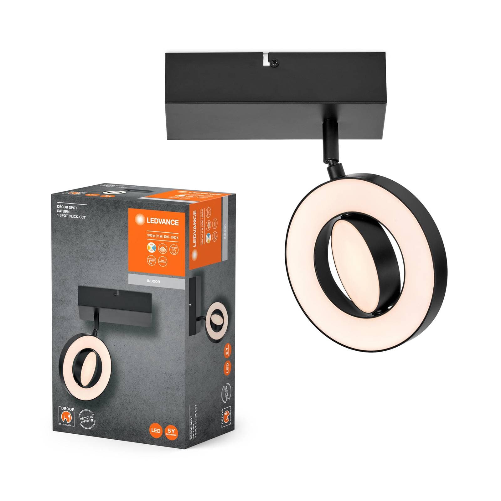 LEDVANCE Saturn CCT LED nástenný reflektor, vypínač, čierny
