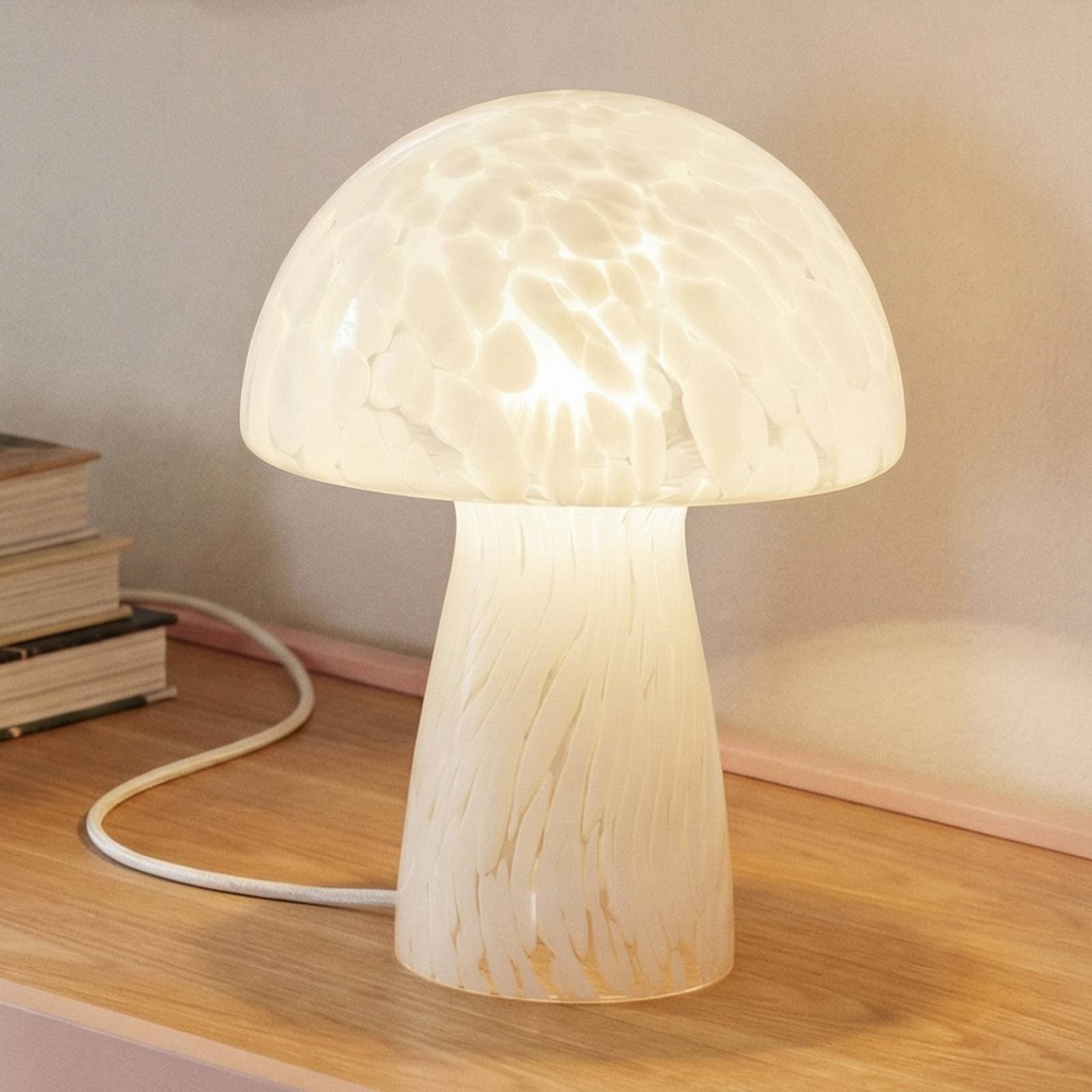 Stolná lampa Lindby Hubi, biela, sklo, Ø 22 cm, tvar hríbu