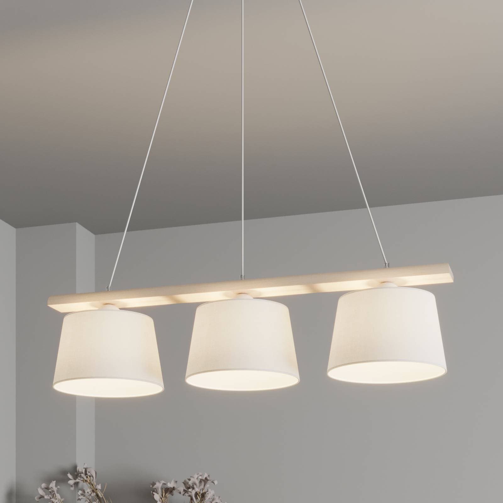 Závesná lampa Švédsko, starožitná biela/biela, textil, drevo, 3 svetlá