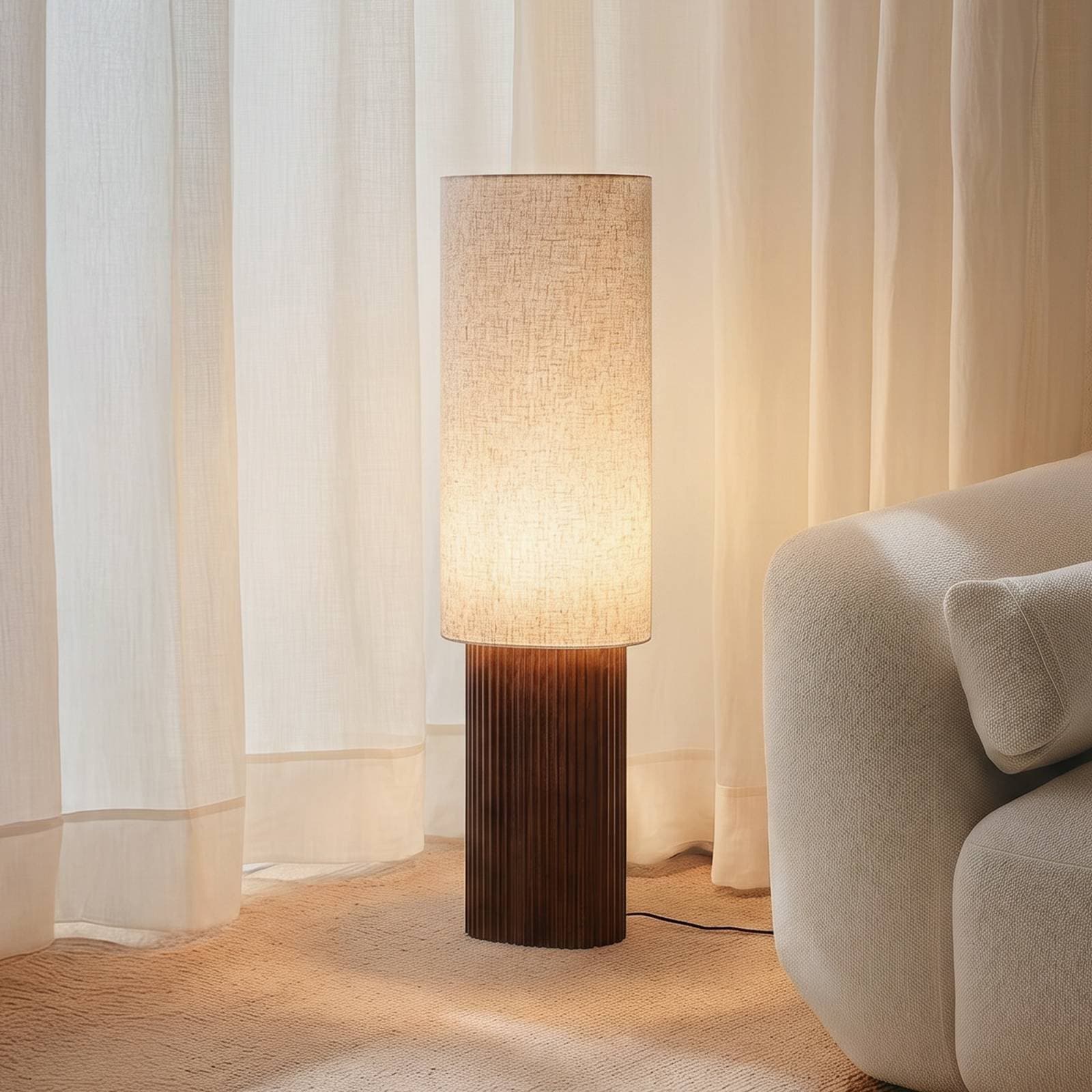 Stojacia lampa Lindby Kimiko, výška 100 cm, orechové drevo, textil