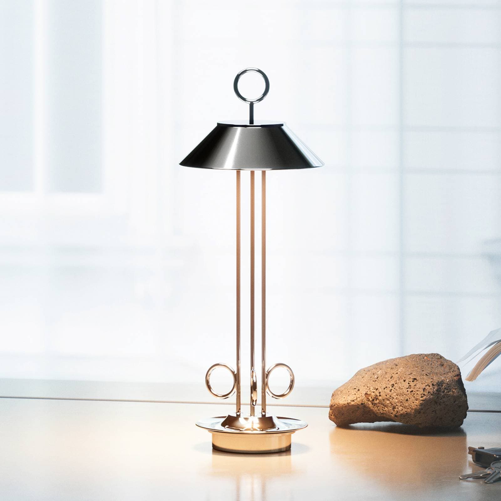 LED dobíjacia stolová lampa Nudiderot, chróm, hliník, IP54, stmievateľná