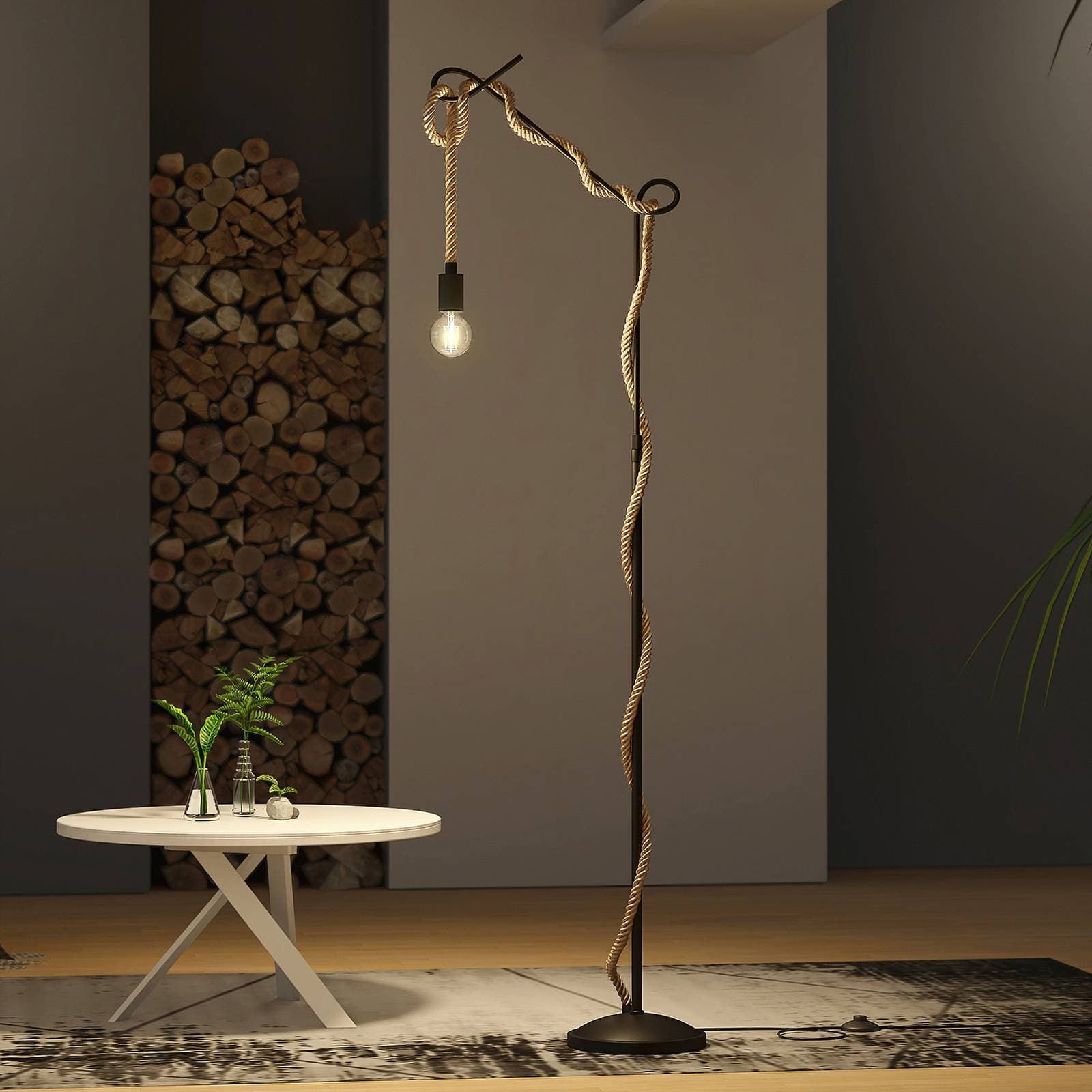 Stojacia lampa Lucande Ropina, výška 180 cm, čierna, konopné lano