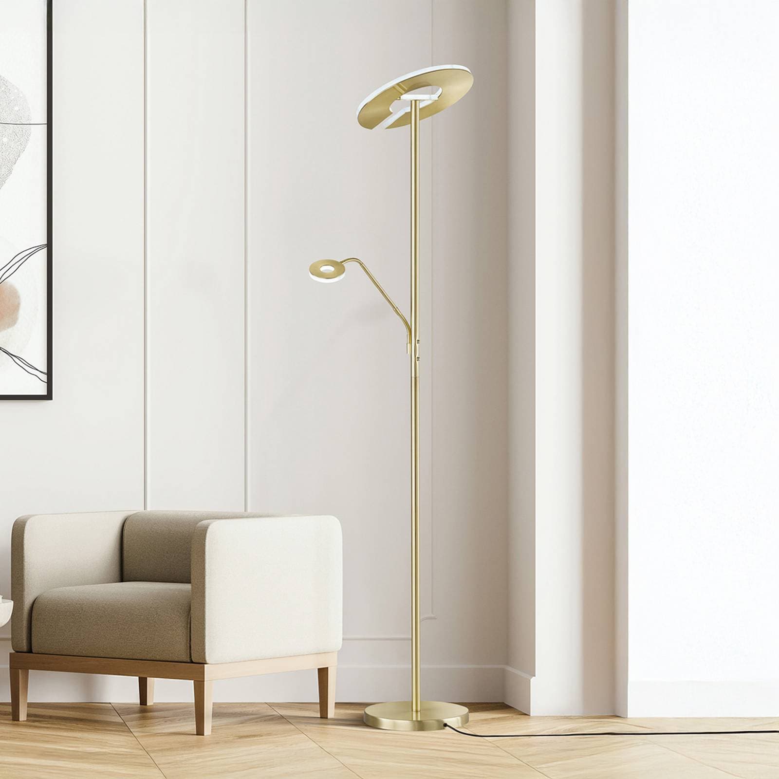 LED stojacia lampa Dent, mosadzná farba, 180 cm, CCT, 2-lampa