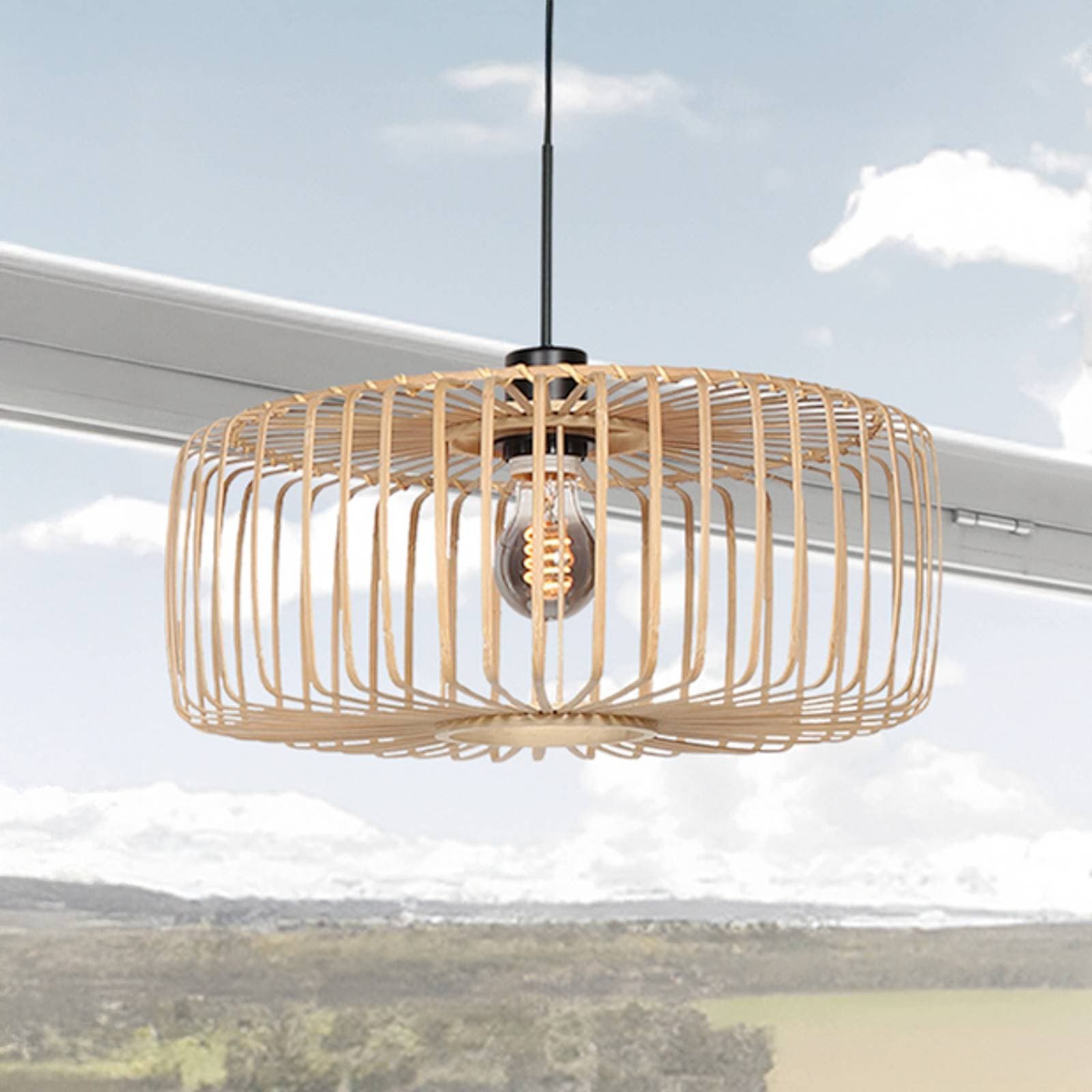 Závesné svietidlo Sparkled Light, čierna/prírodný bambus, Ø 60 cm