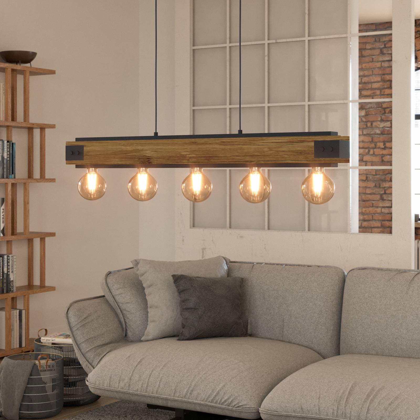 Závesná lampa Layham, čierna/svetlé drevo, dĺžka 96 cm, 5 svetiel.