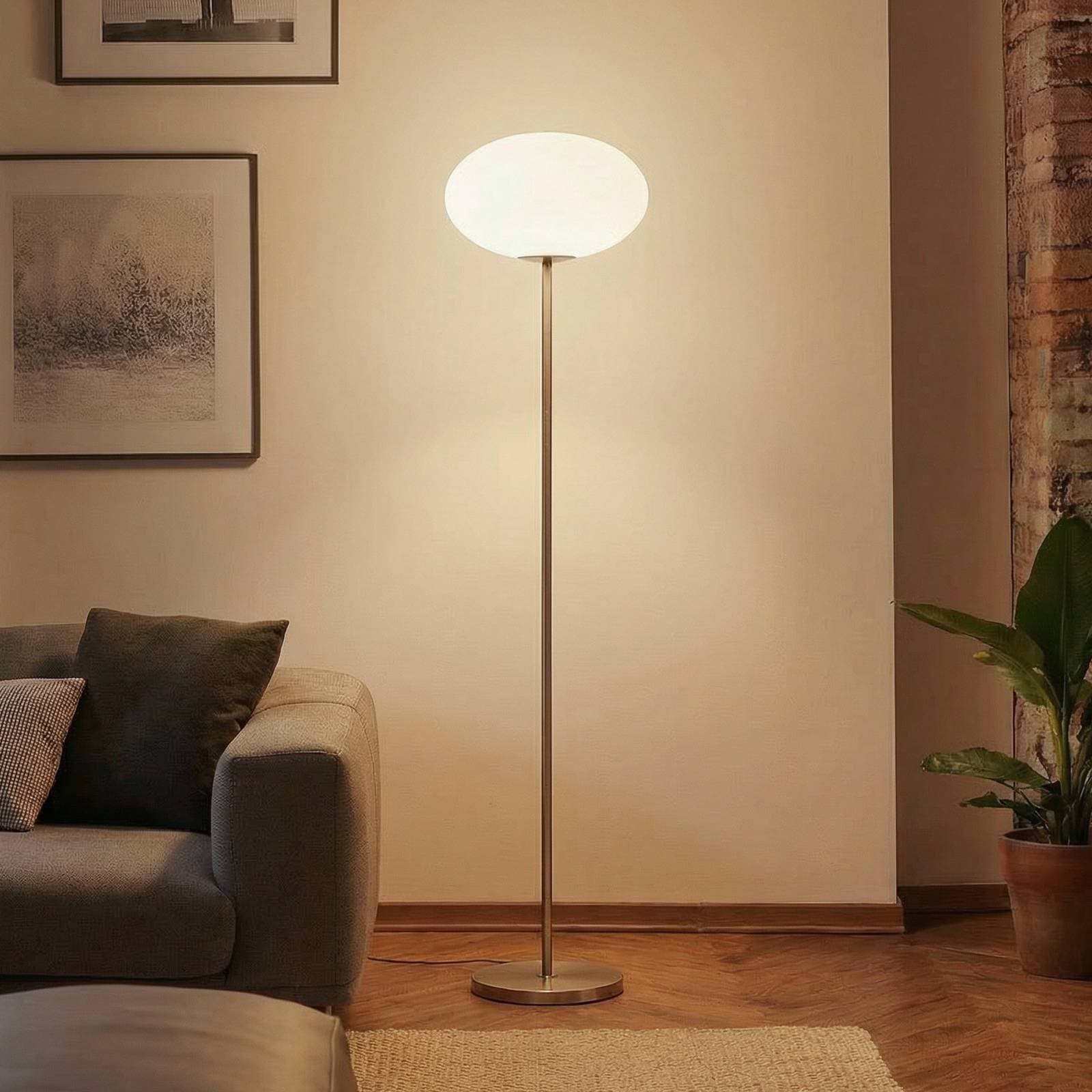 Stojacia lampa Lindby Sonika, 175 cm, farba niklu, sklo, E27