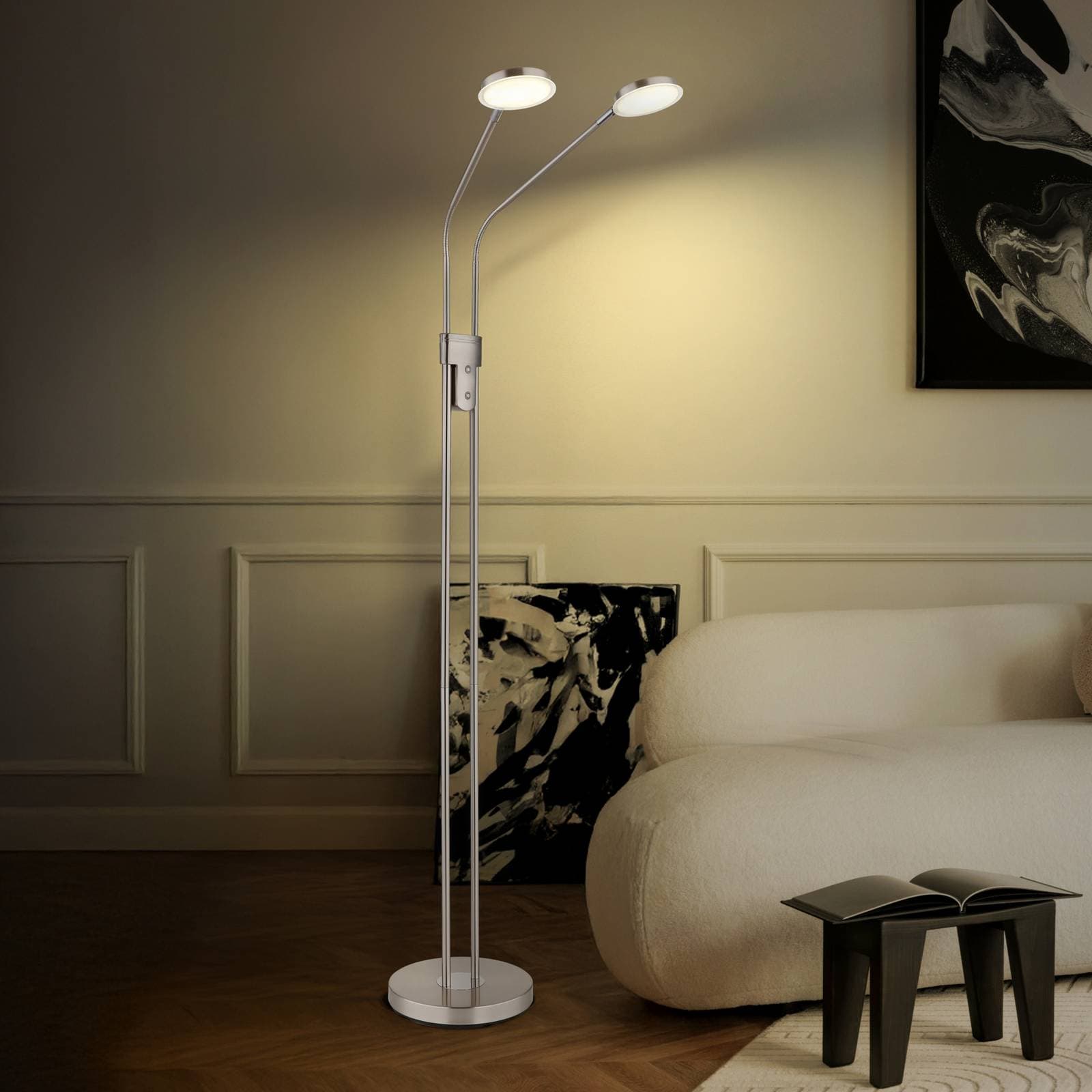 LED stojacia lampa Silvio, 2-pl., niklová, CCT, stmievateľné