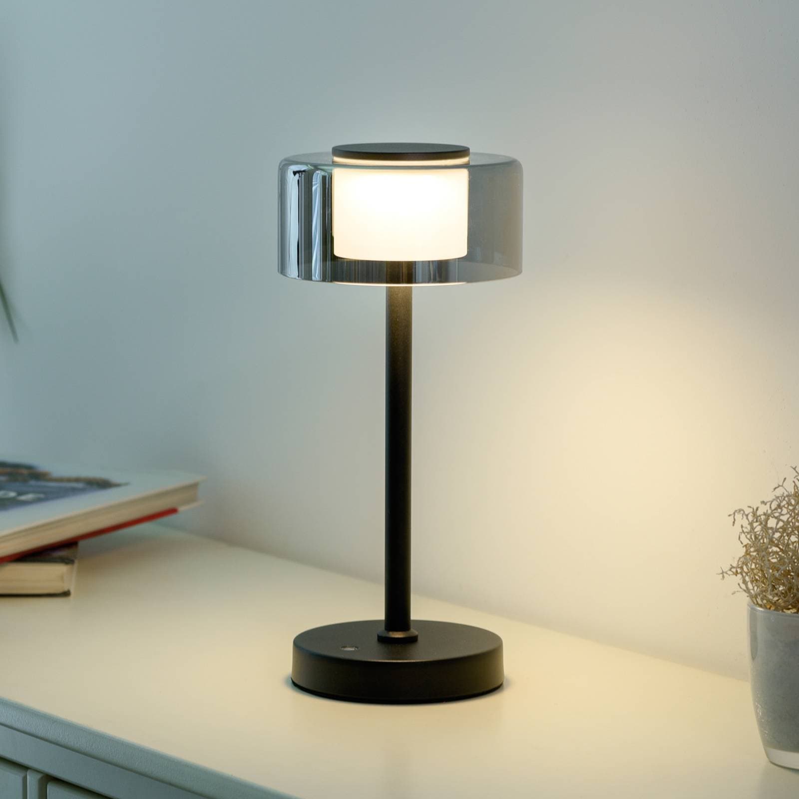 Stolová LED lampa na batérie RIKA, čierna, 33 cm, kov/sklo, dotykové stmievanie