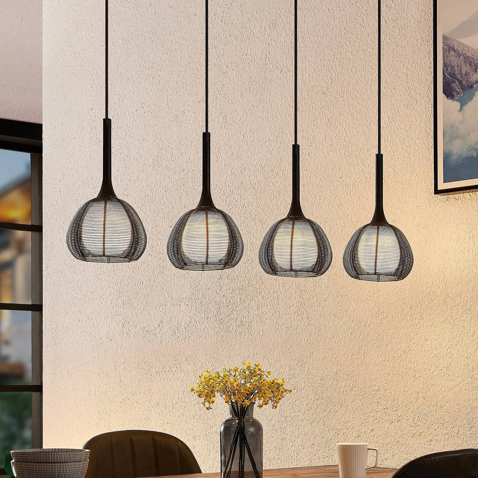 Lucande Tetira závesná lampa 4-pl., dlhá čierna