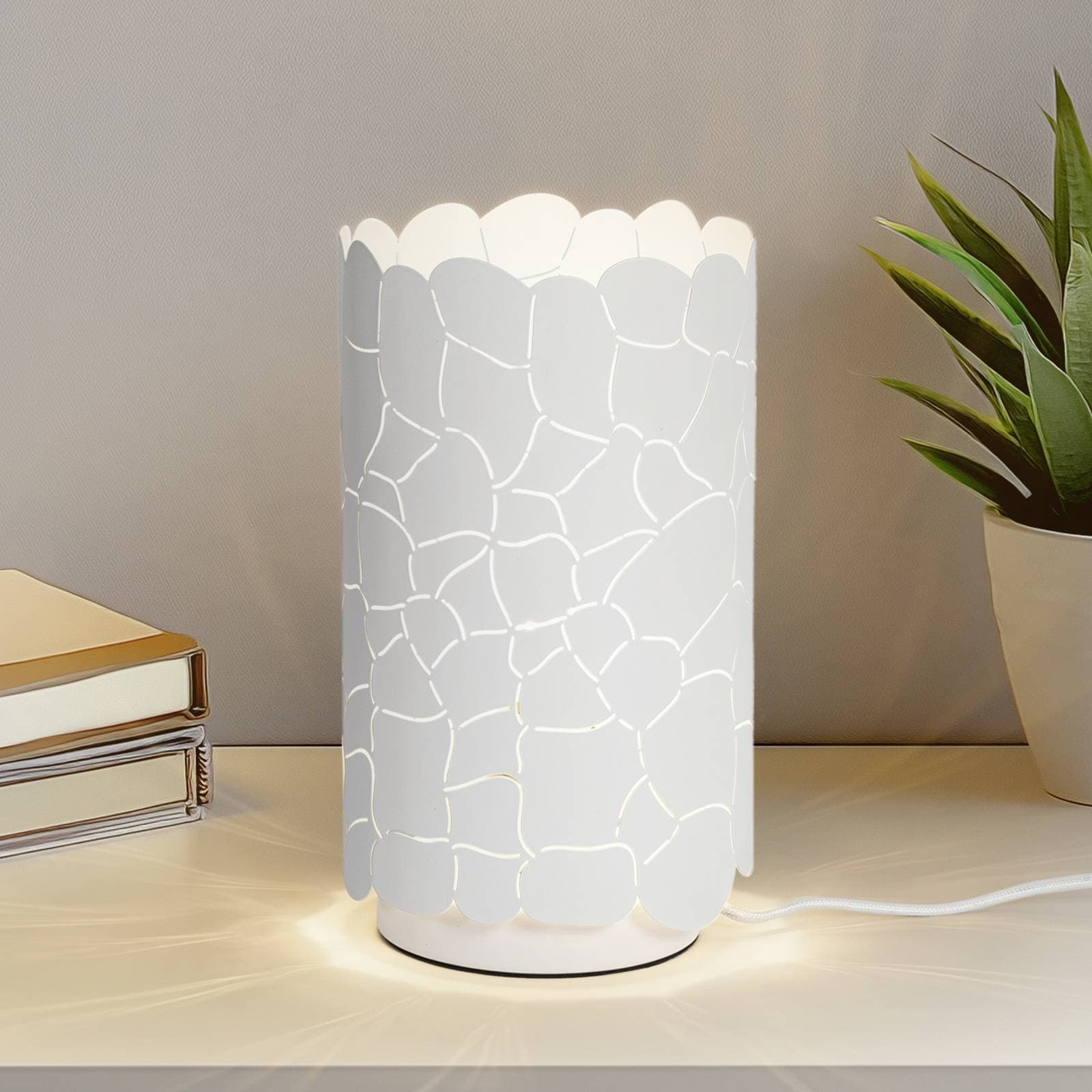 Stolná lampa Lindby Aralena, biela, kov, výška 26,5 cm