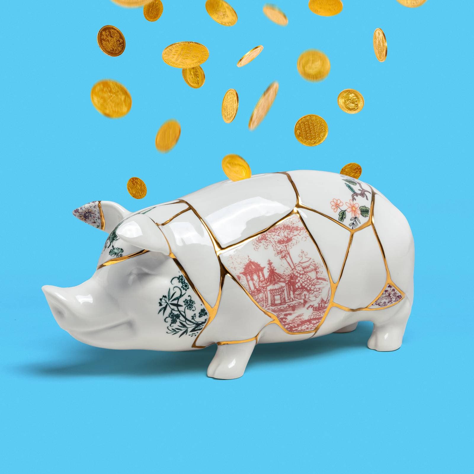 SELETTI pokladnička Kintsugi, biela / farebná, porcelán, zlatá