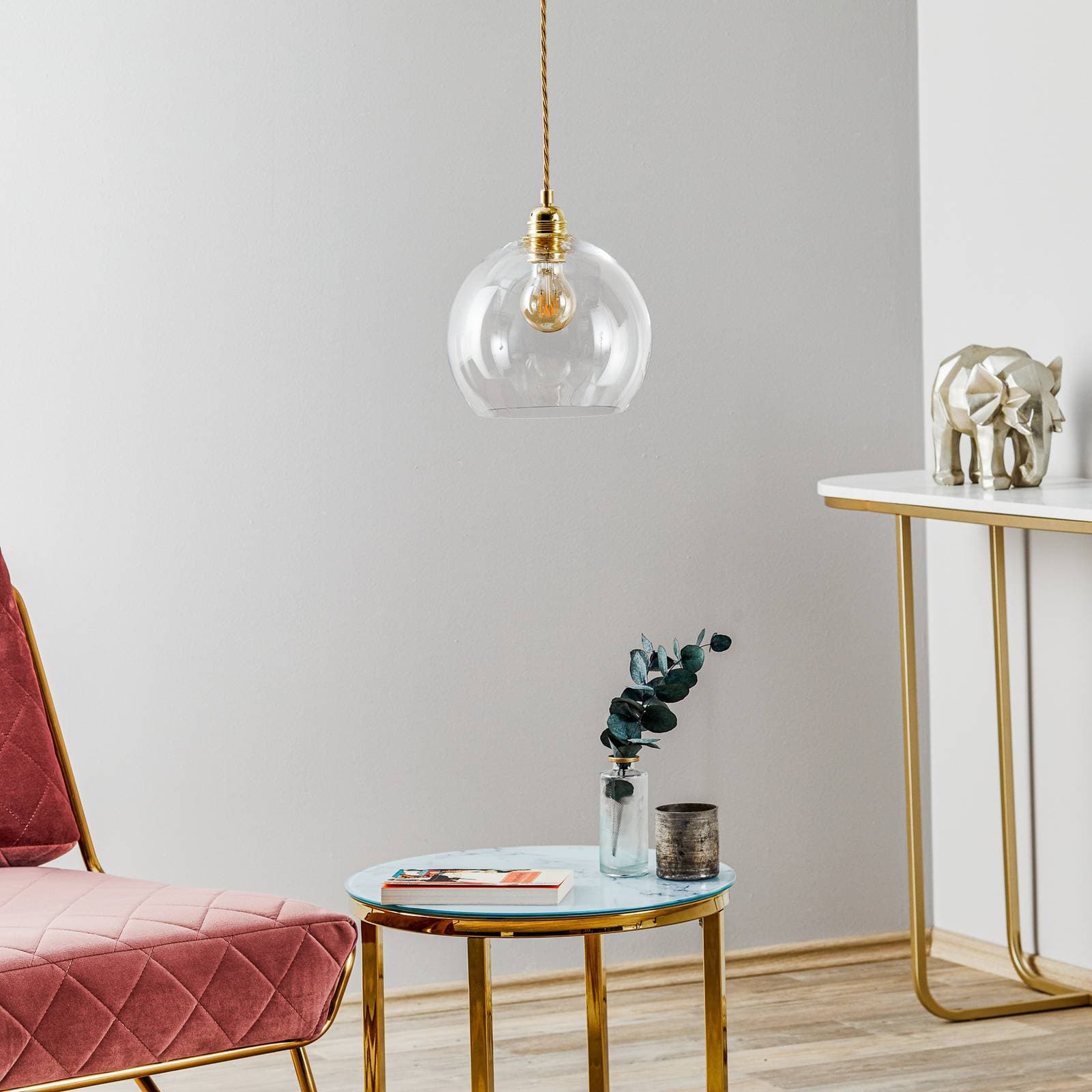 EBB & FLOW Rowan závesná lampa číre sklo zlato Ø22
