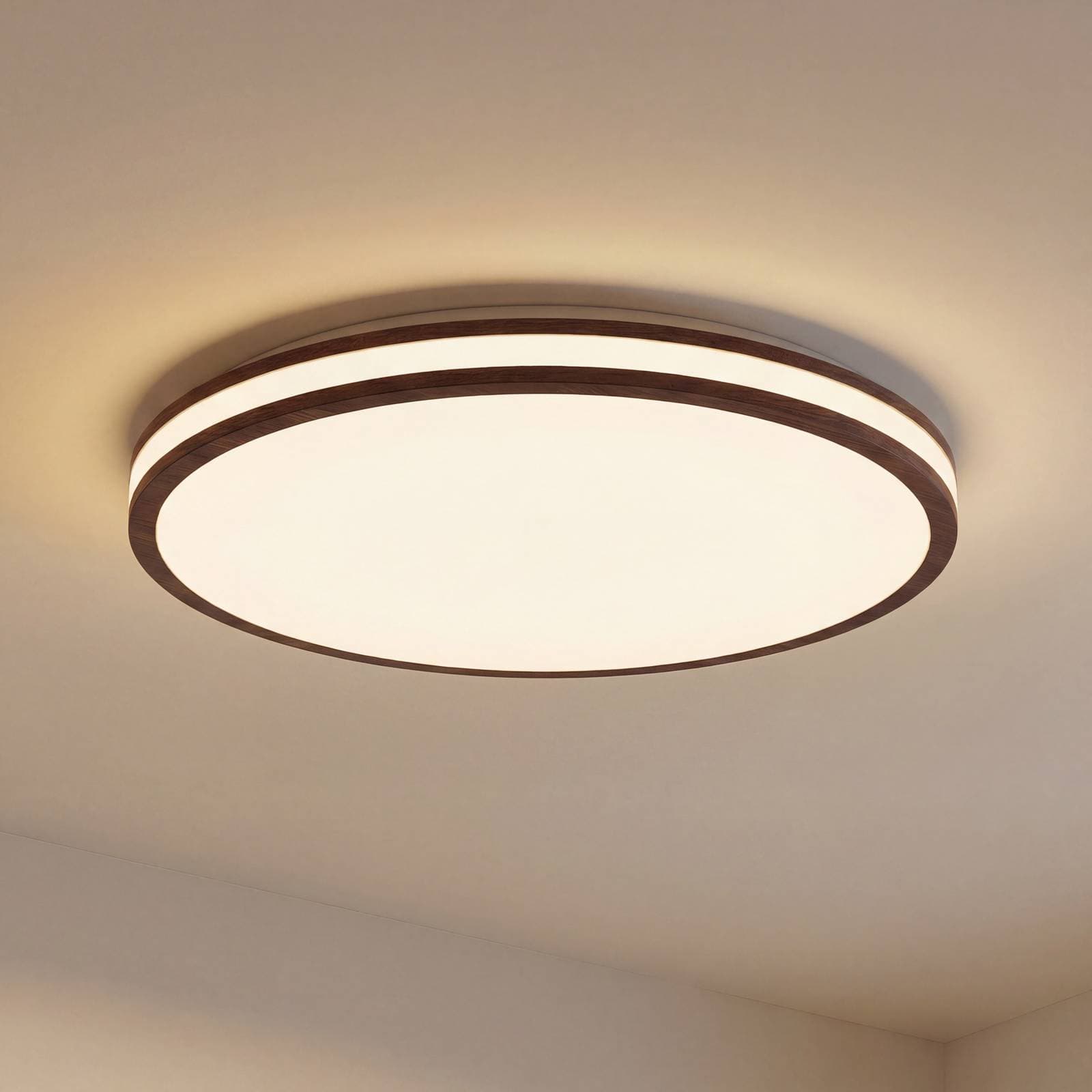 Stropné LED svetlo Lindby Emiva, Ø 50 cm, tmavé drevo, CCT