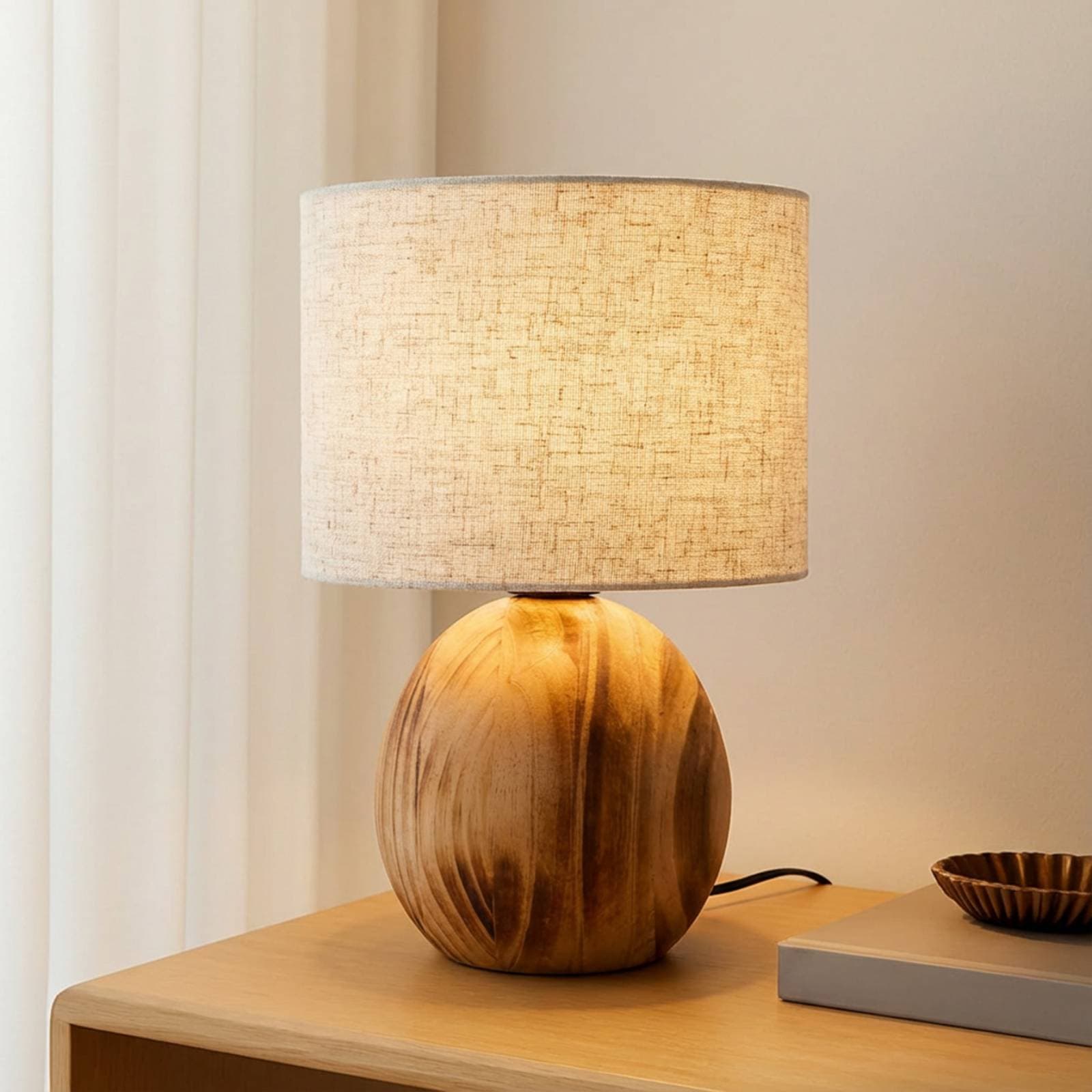 Stolná lampa Lindby Mayumi, výška 31 cm, drevo, textil