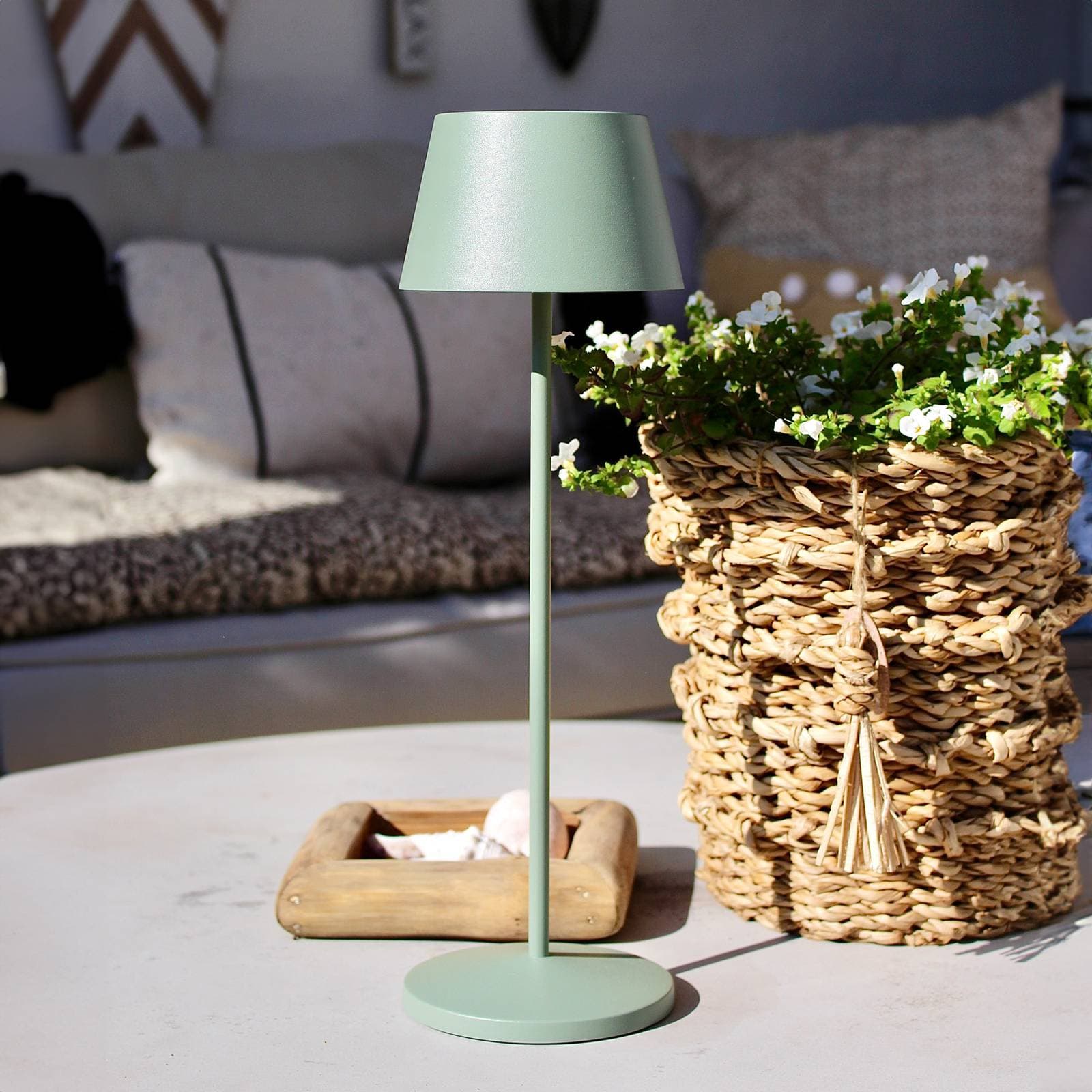 LOOM DESIGN LED dobíjacia lampa na terasu Modi zeleno-sivá 36 cm CCT