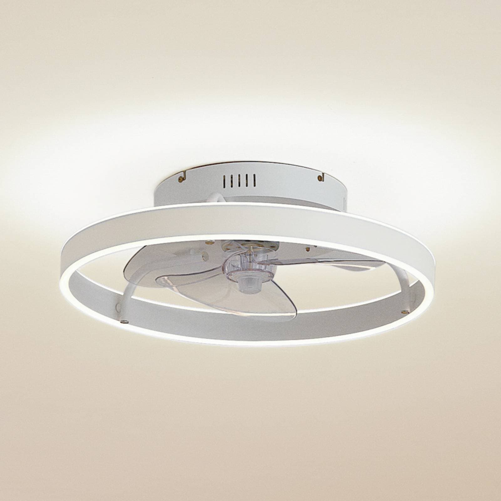 Stropný ventilátor Lindby LED Momitu, biely, hliník, Ø 50 cm