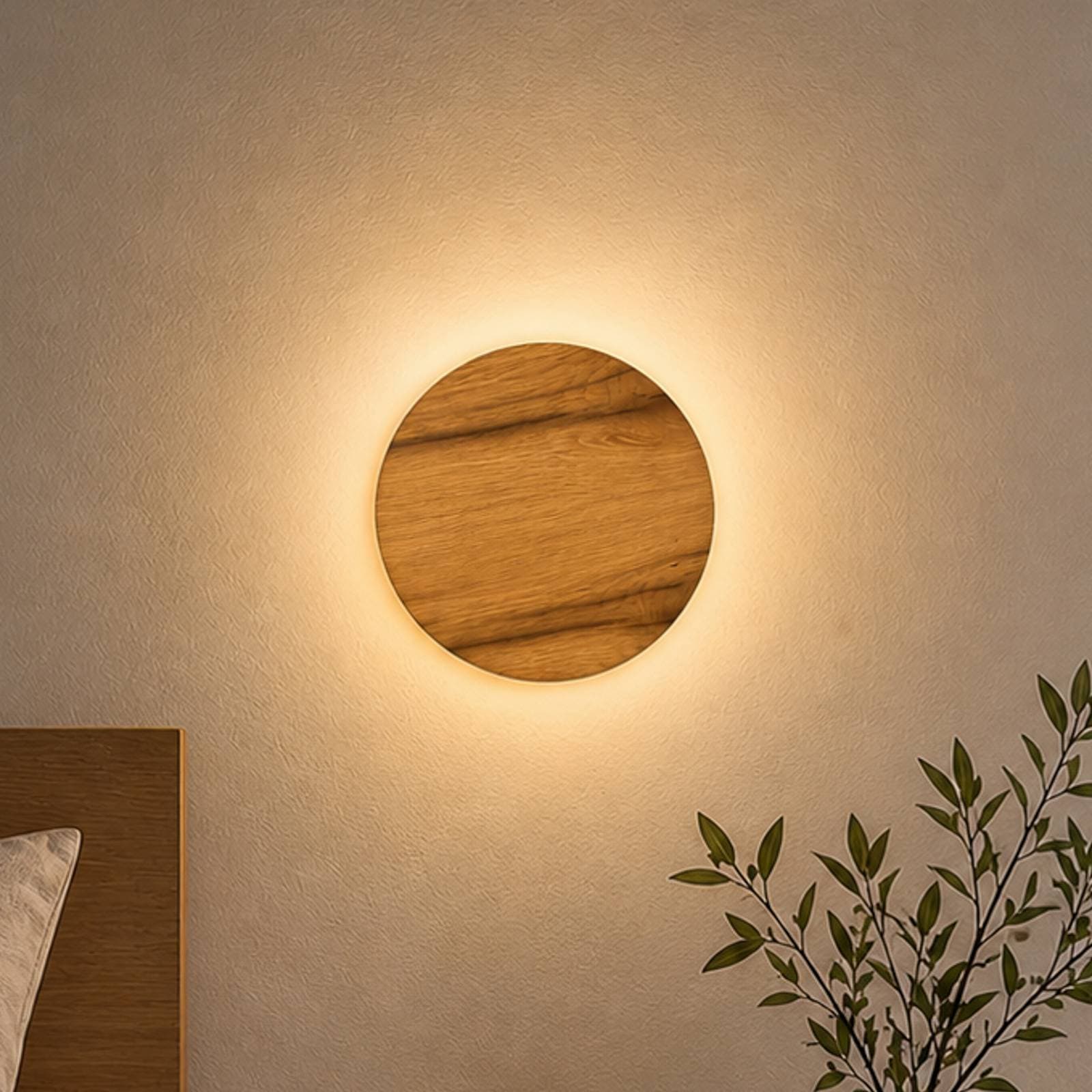 LED nástenné svetlo Havana S, dubové drevo/kov, Ø 19 cm, IP44