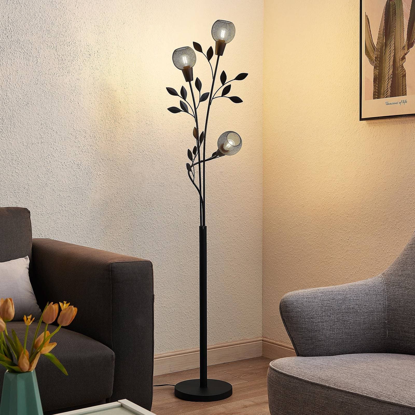 Stojacia lampa Lindby Florentine Kanye, 160 cm, čierna, 3-pl.
