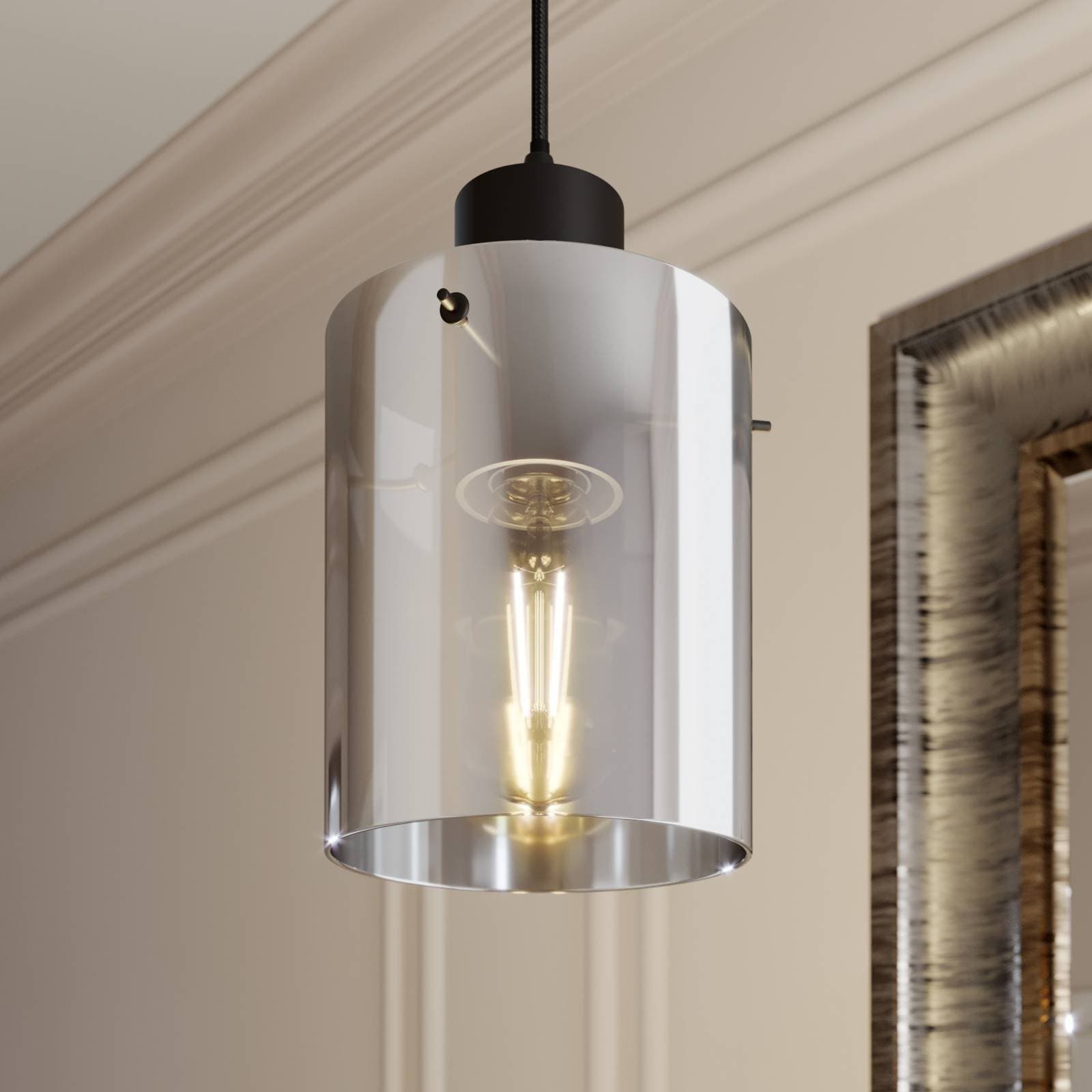 Závesná lampa Lindby Kourtney, Ø 15 cm, čierna/sivá, sklo, E27