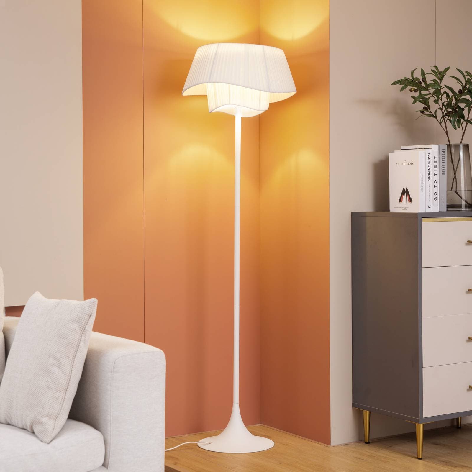 Stojacia lampa Lindby Eryndor, biela, textil, Ø 47 cm, E27