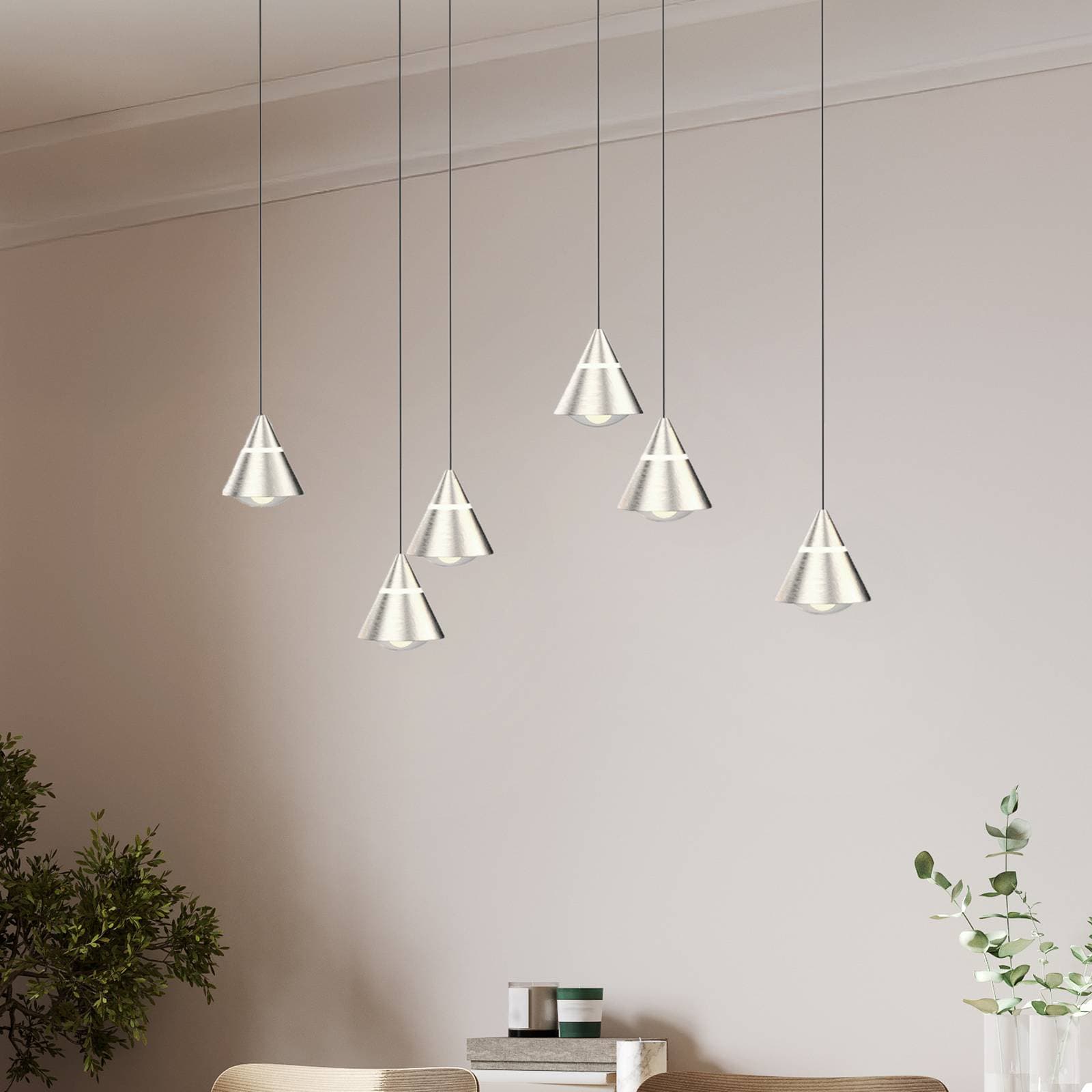 LED závesné svietidlo Romeo, dĺžka 75 cm, niklová farba, kov, 6-pl.