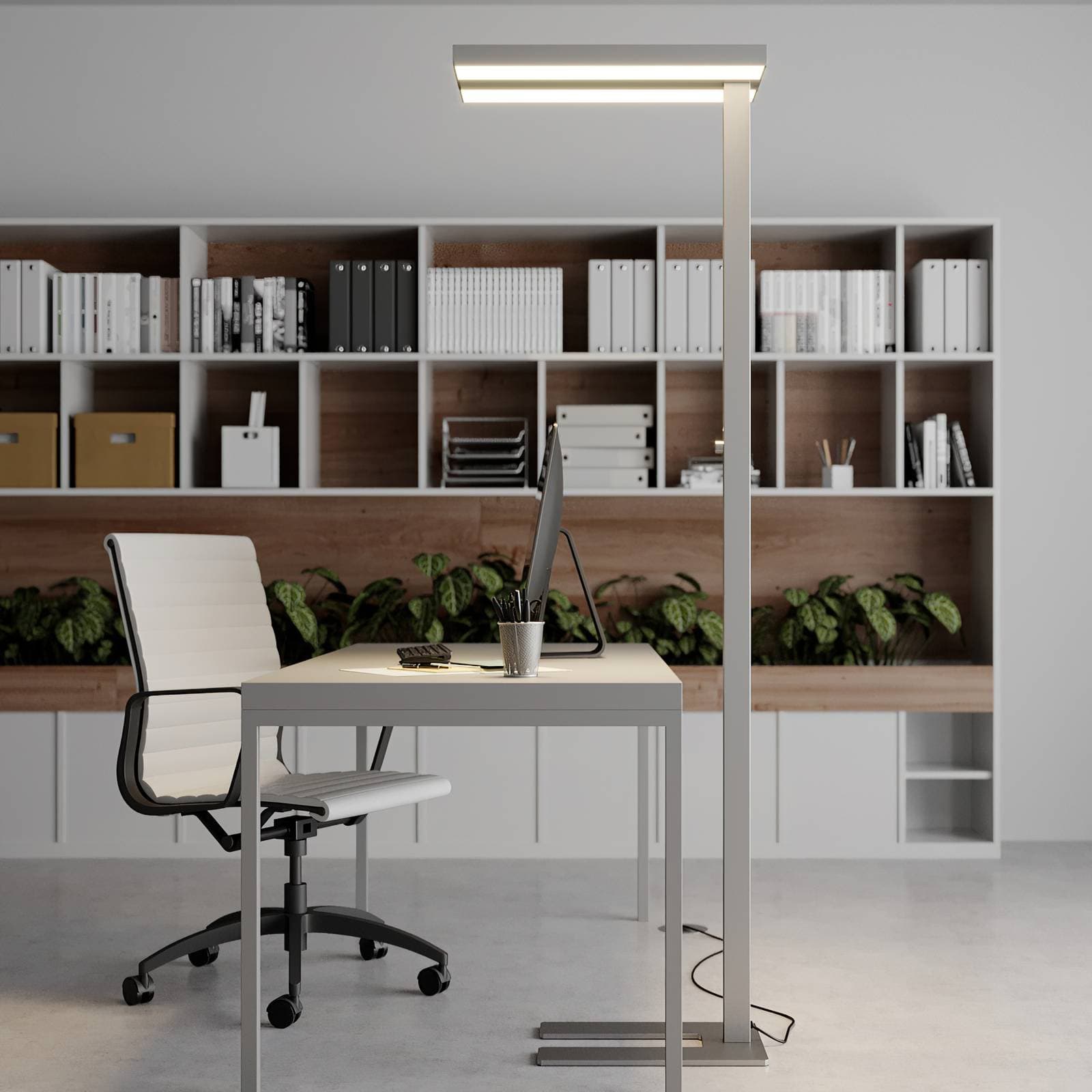 Arcchio LED stojacia lampa Logan Basic, strieborná, 6 000 lm, stmievateľná