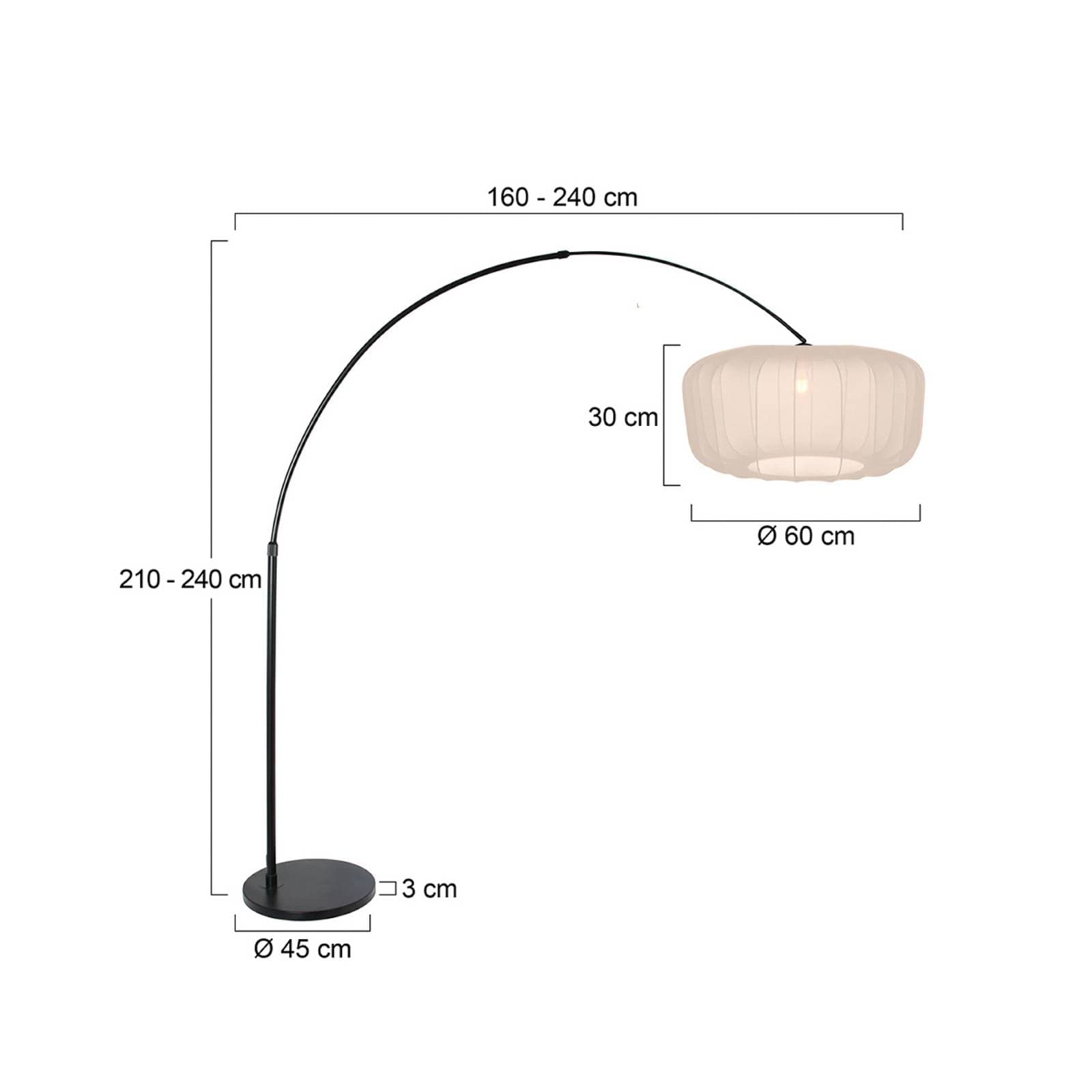 Stojacia lampa Sparkled Light s oblúkovým telom, čierna/krémový nylon, 240 cm