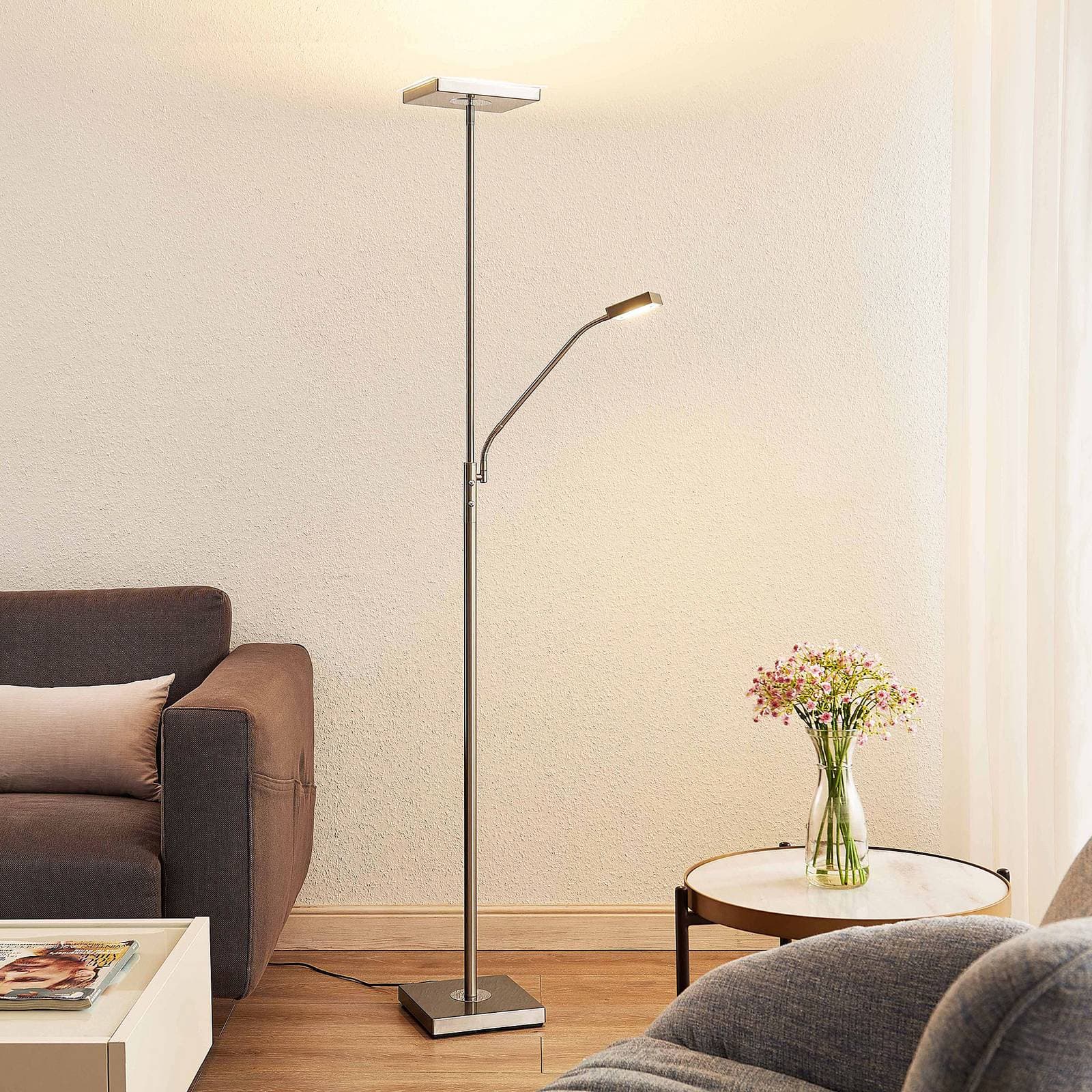 Lindby LED stojaca lampa Sumani, hranatá, niklová, výška 180 cm