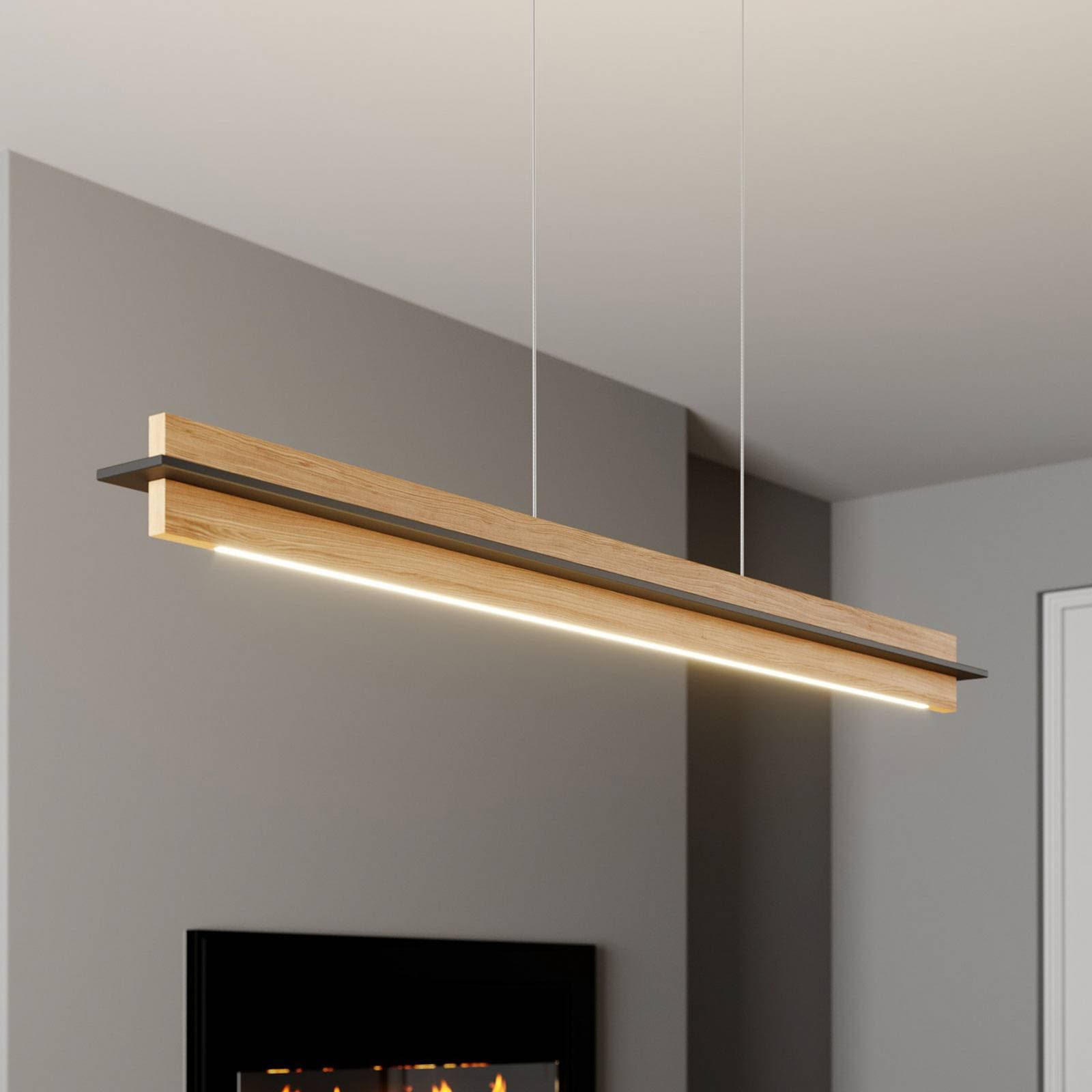 Quitani LED závesné svietidlo Lexa, dub/čierna, dĺžka 118 cm