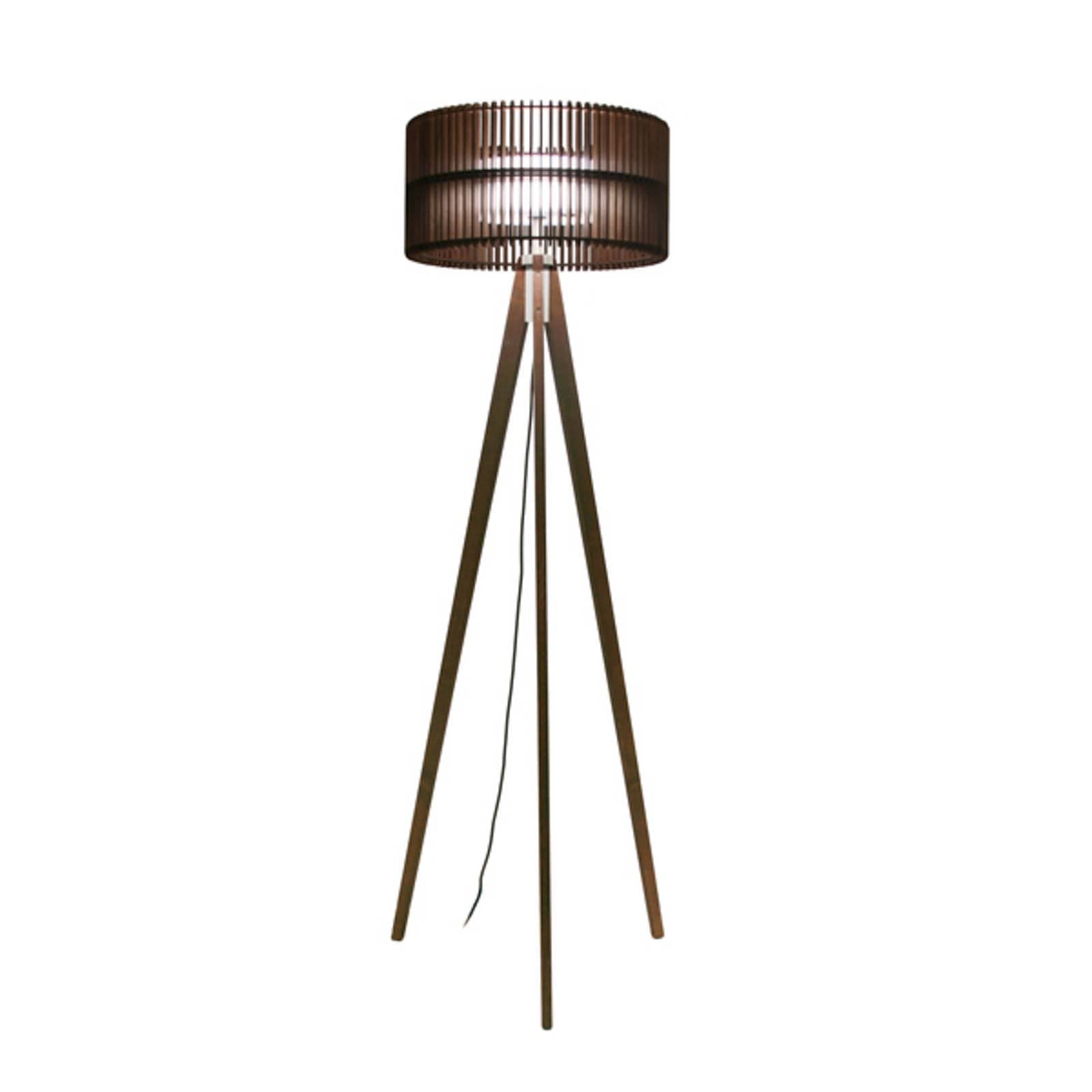 LED stojacia lampa Vivaa.free, orech, 3000 K, trojnožka, drevo