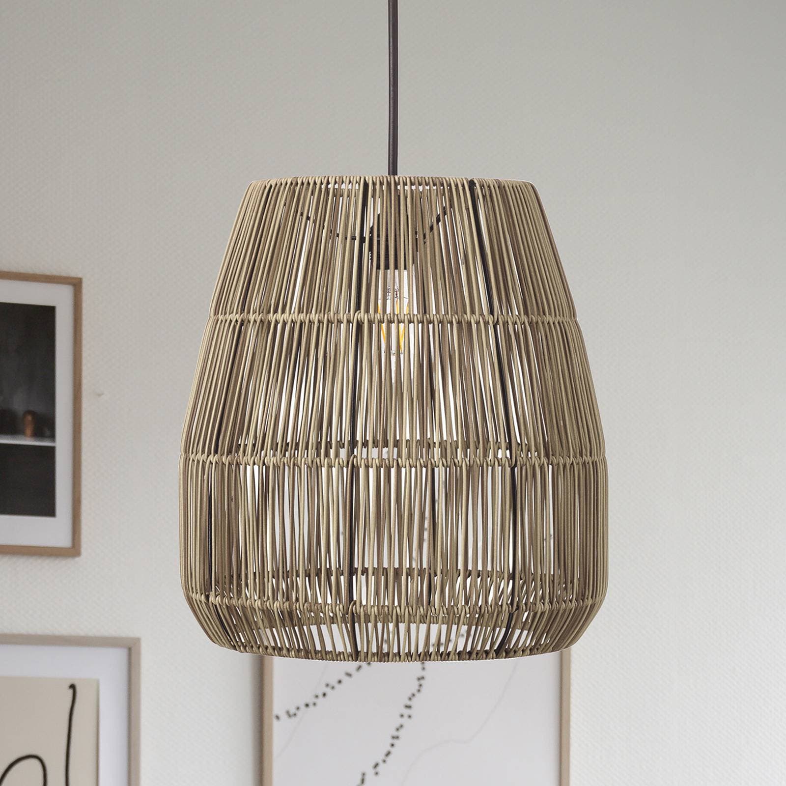 PR Home Závesné svietidlo Saigon, ratanový vzhľad, sivá, Ø 38 cm