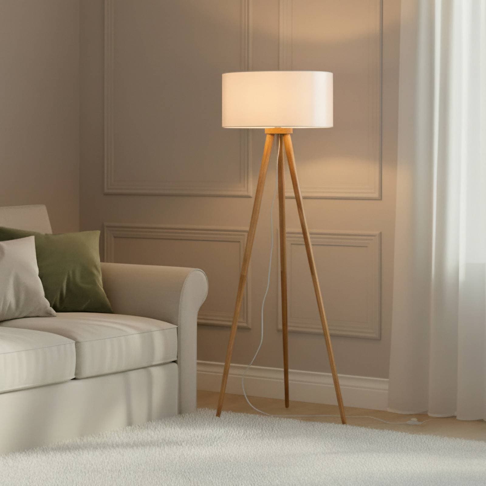 Stojacia lampa Lindby Charlia, biela, drevo, výška 150 cm