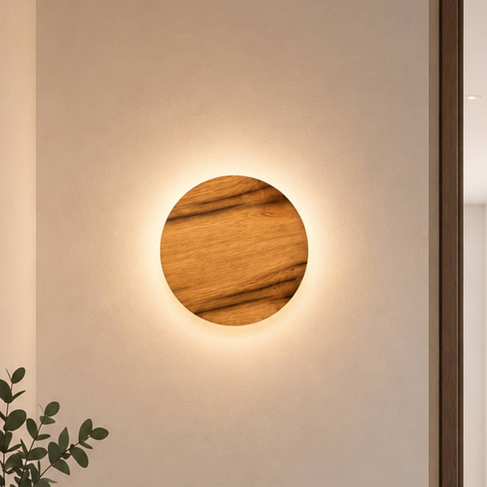 LED nástenné svetlo Havana M, dub s prírodnou kôrou/kov, Ø 34 cm, IP44