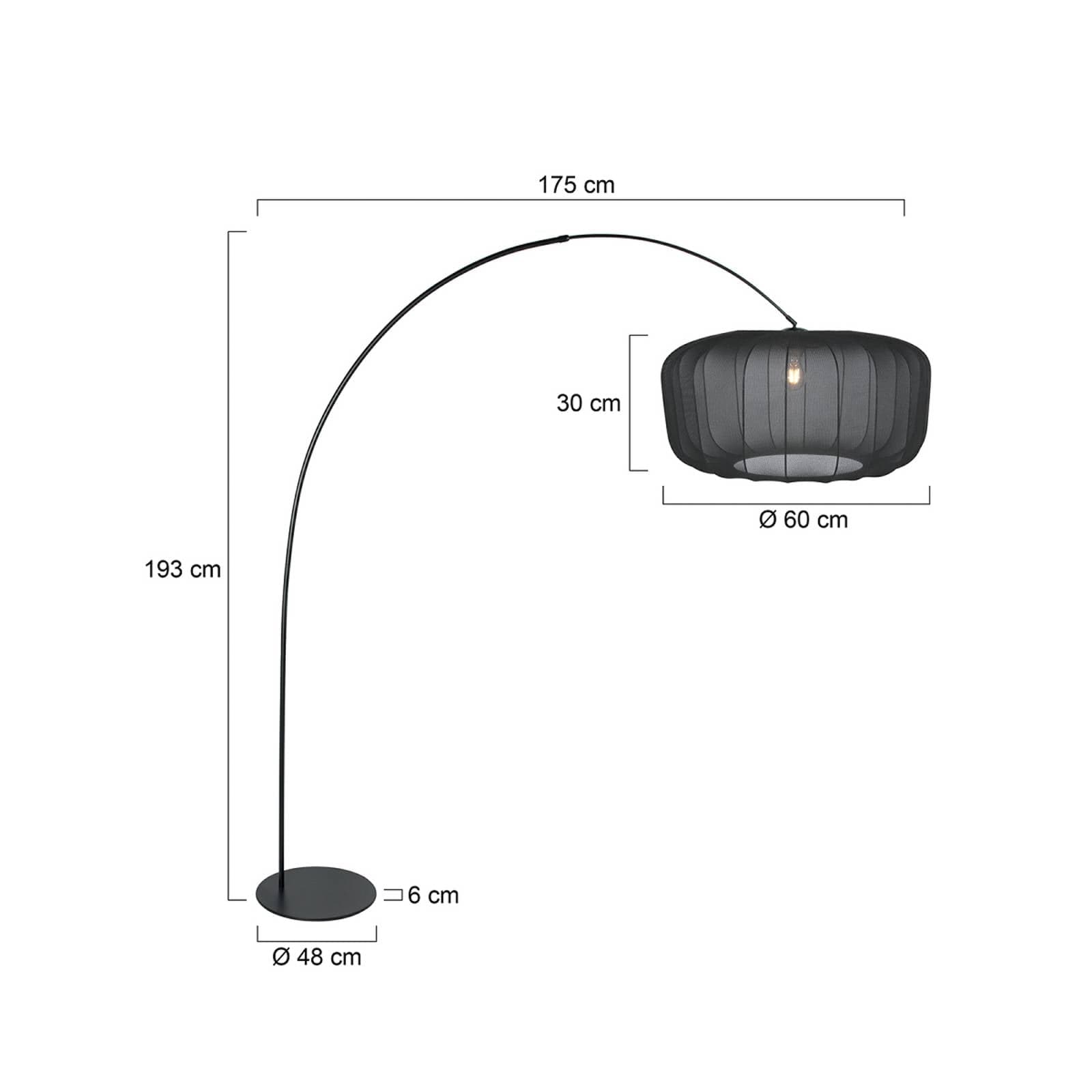 Lukové svietidlo Curve, čierne, tienidlo na lampu z čierneho nylonu, Ø 60 cm