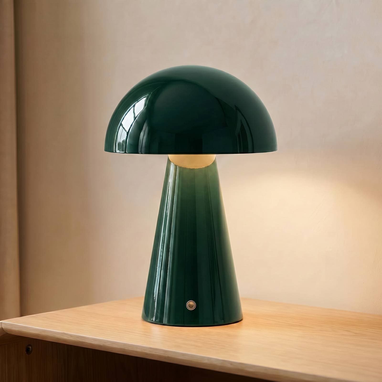 Lindby LED dobíjacia stolná lampa Nevijo, zelená, Ø20 cm, USB, stmievač