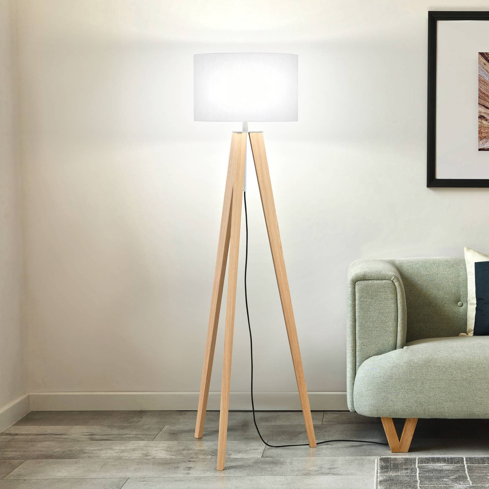 Stojacia lampa SHINE-WOOD, biele/niklové/dubové, výška 164 cm, 3 x E27